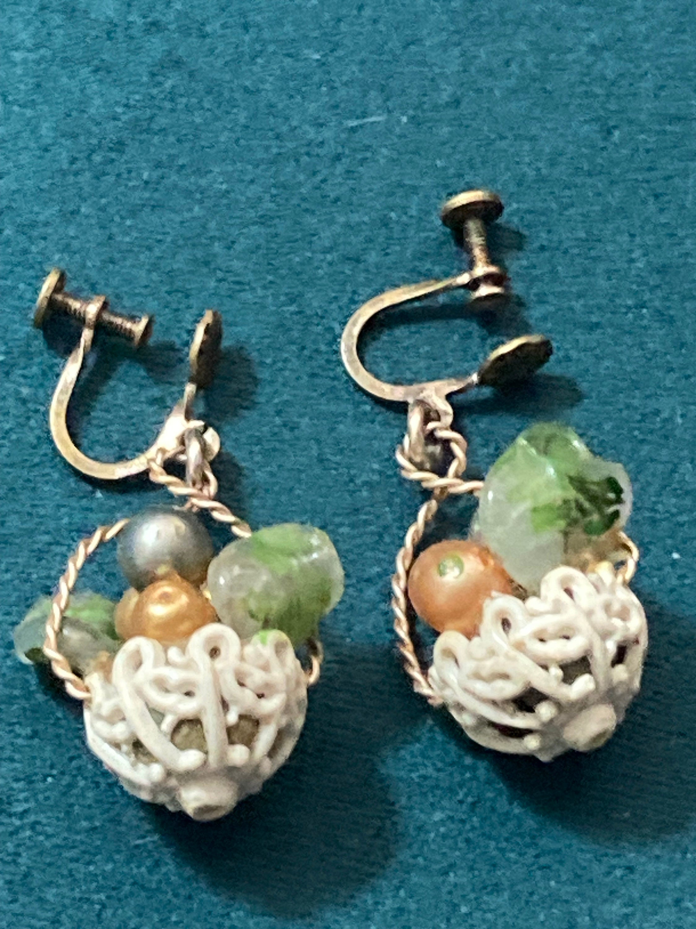 Antique Czech filigree gold tone enamelled glass FRUIT Basket clip on earrings 1930s Art Deco