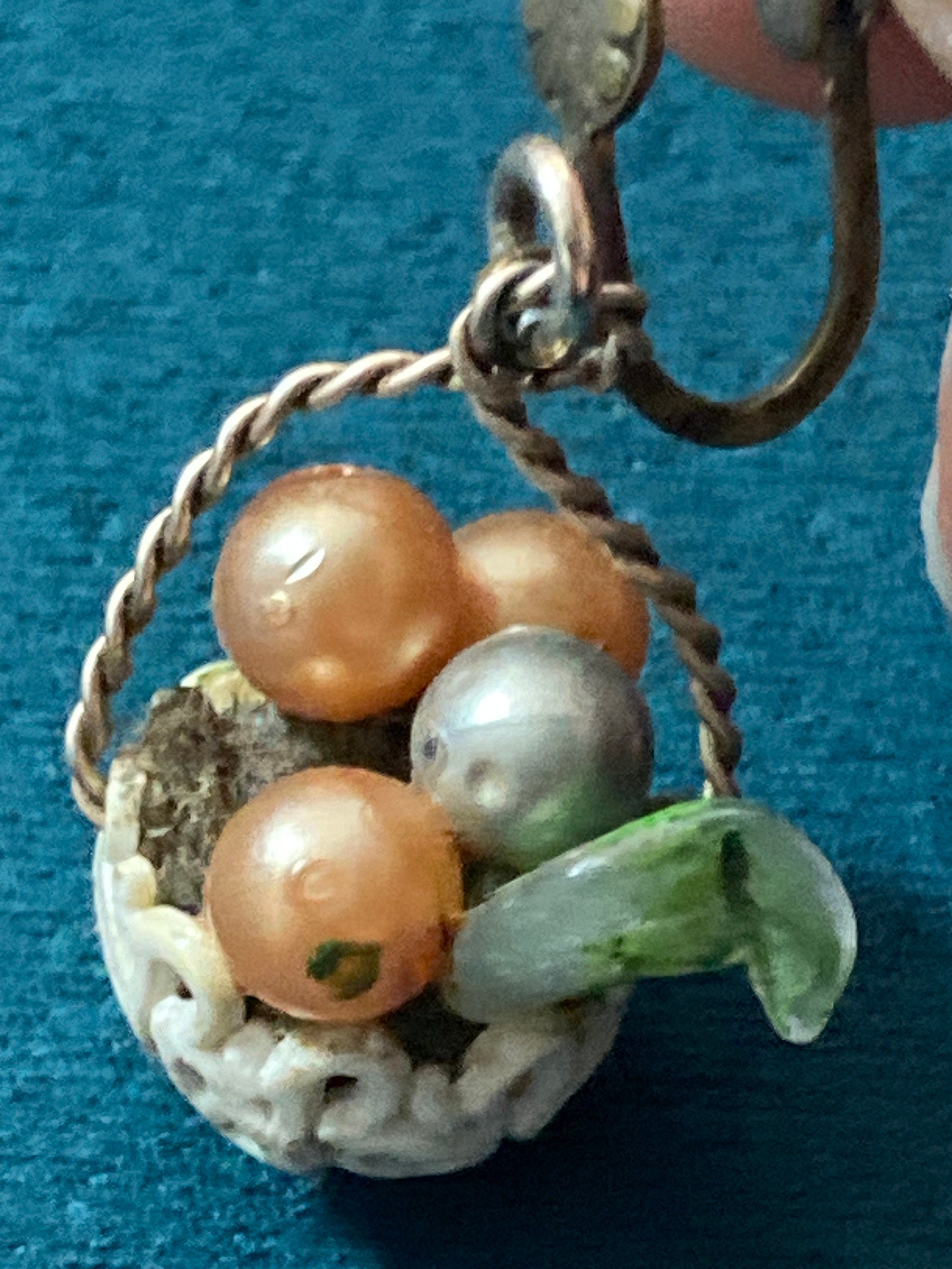 Antique Czech filigree gold tone enamelled glass FRUIT Basket clip on earrings 1930s Art Deco