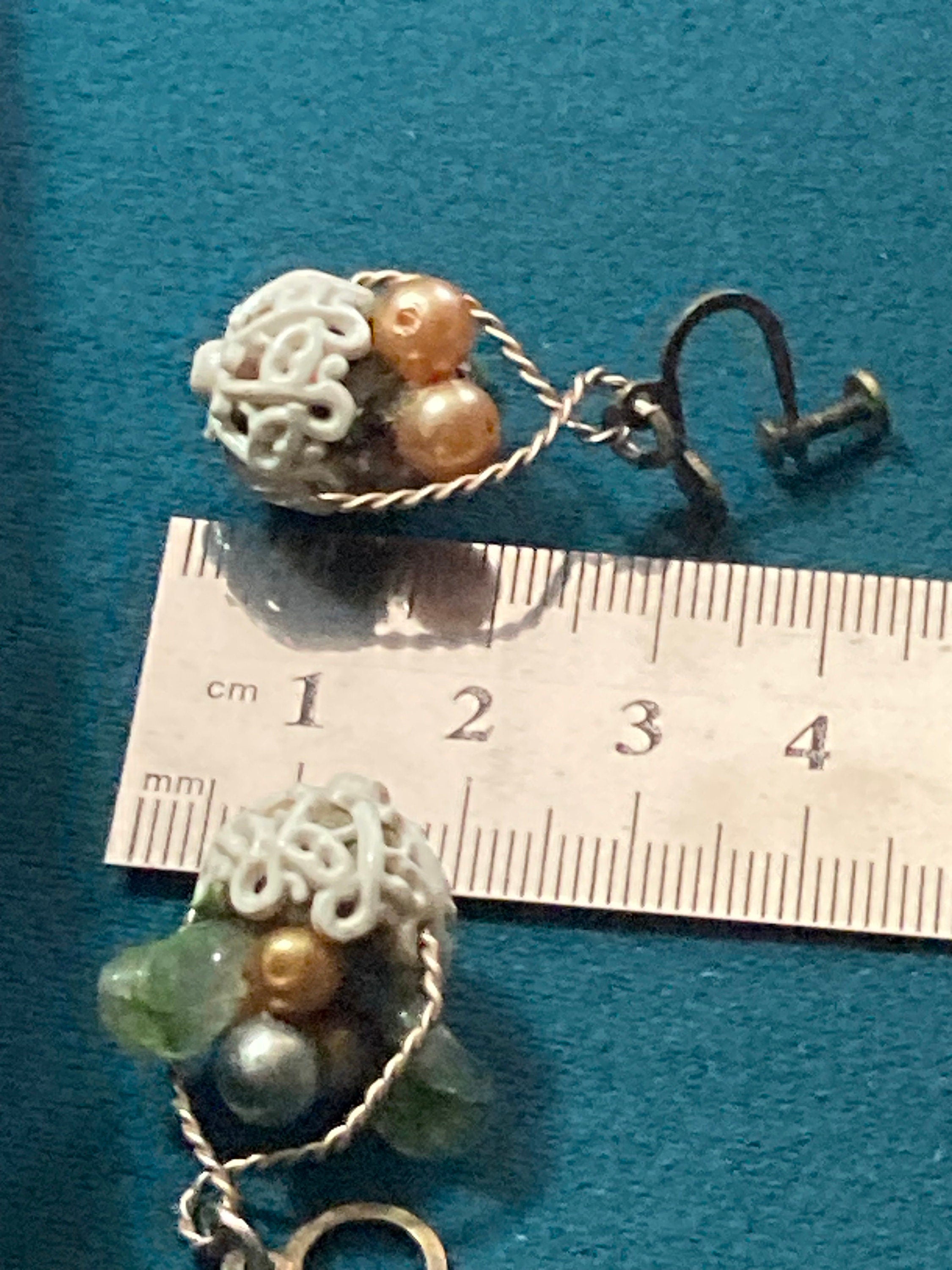 Antique Czech filigree gold tone enamelled glass FRUIT Basket clip on earrings 1930s Art Deco