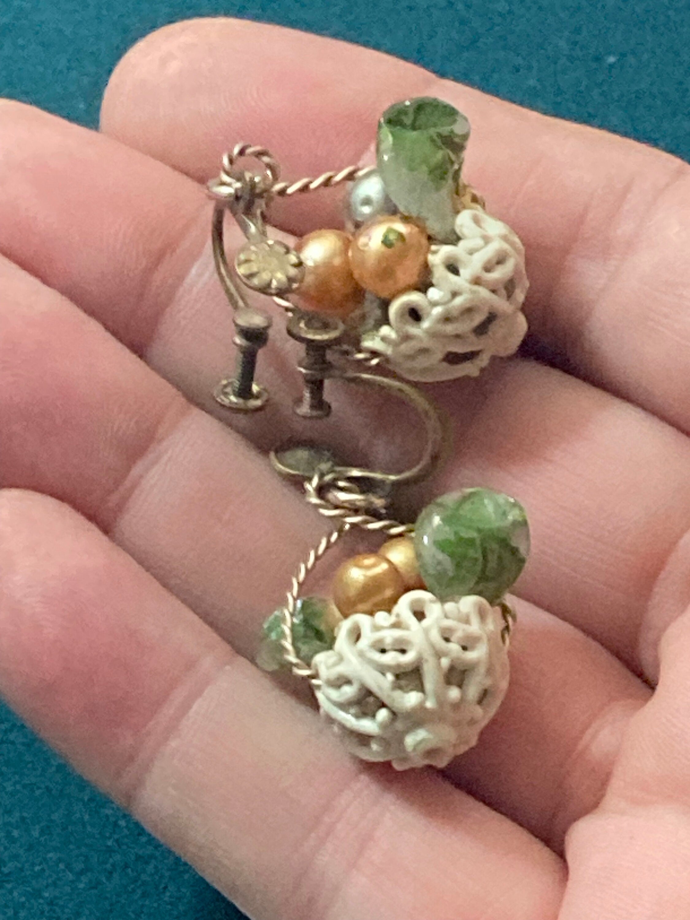 Antique Czech filigree gold tone enamelled glass FRUIT Basket clip on earrings 1930s Art Deco
