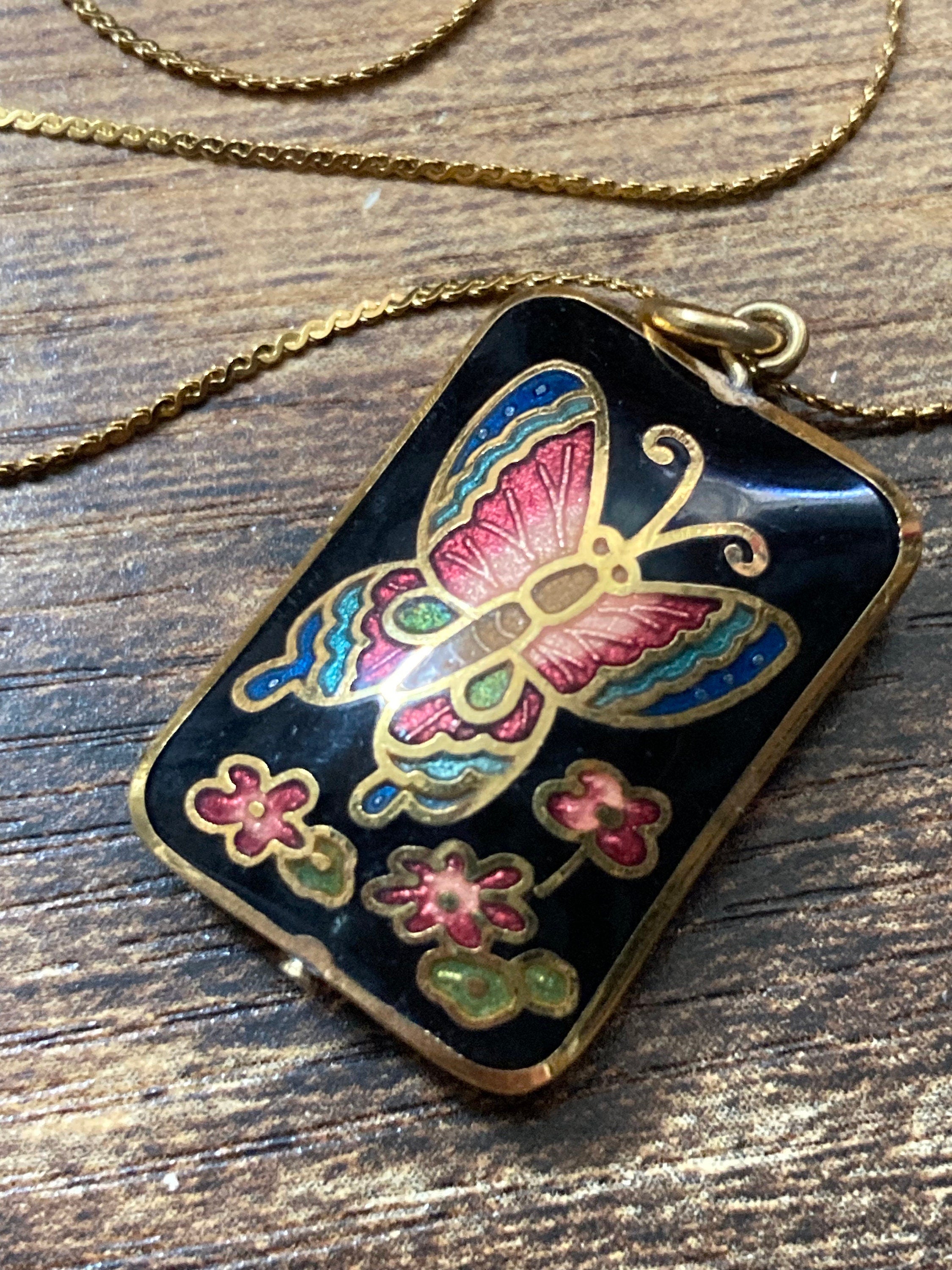 Black pink butterfly cloisonné enamel Chinese beaded pendant necklace with new gold tone chain