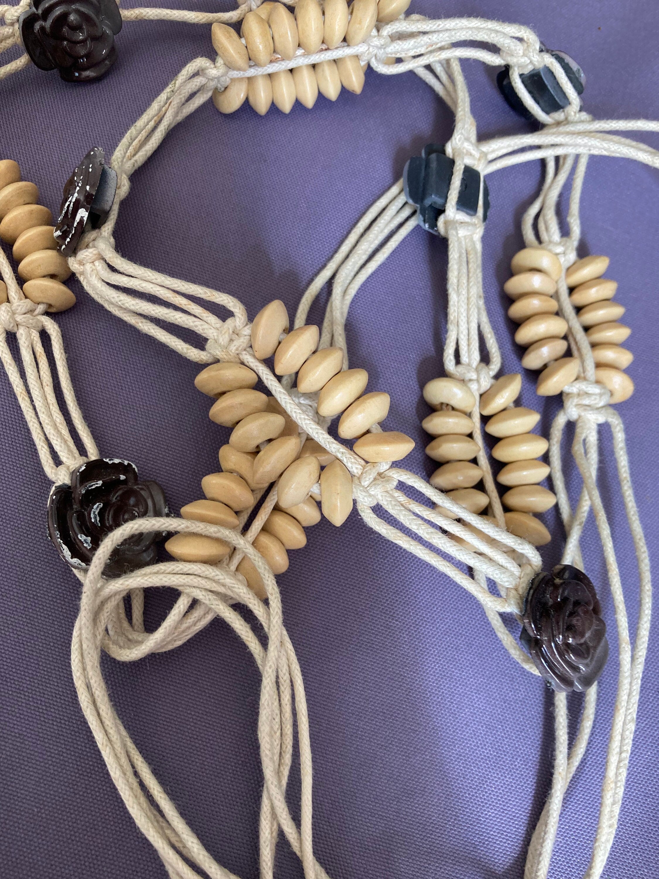 Vintage brown beige beaded tie belt festival boho