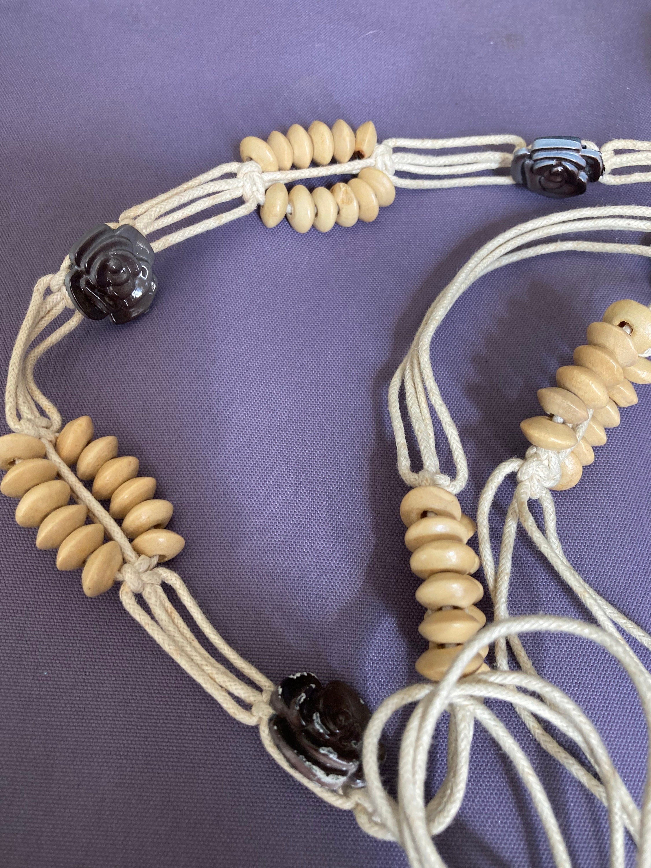 Vintage brown beige beaded tie belt festival boho