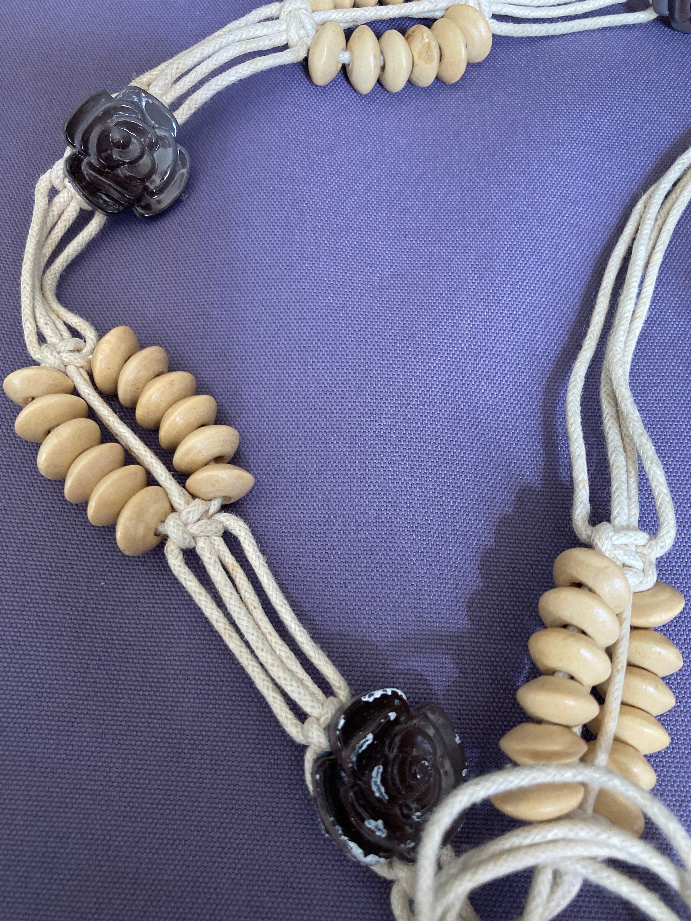 Vintage brown beige beaded tie belt festival boho