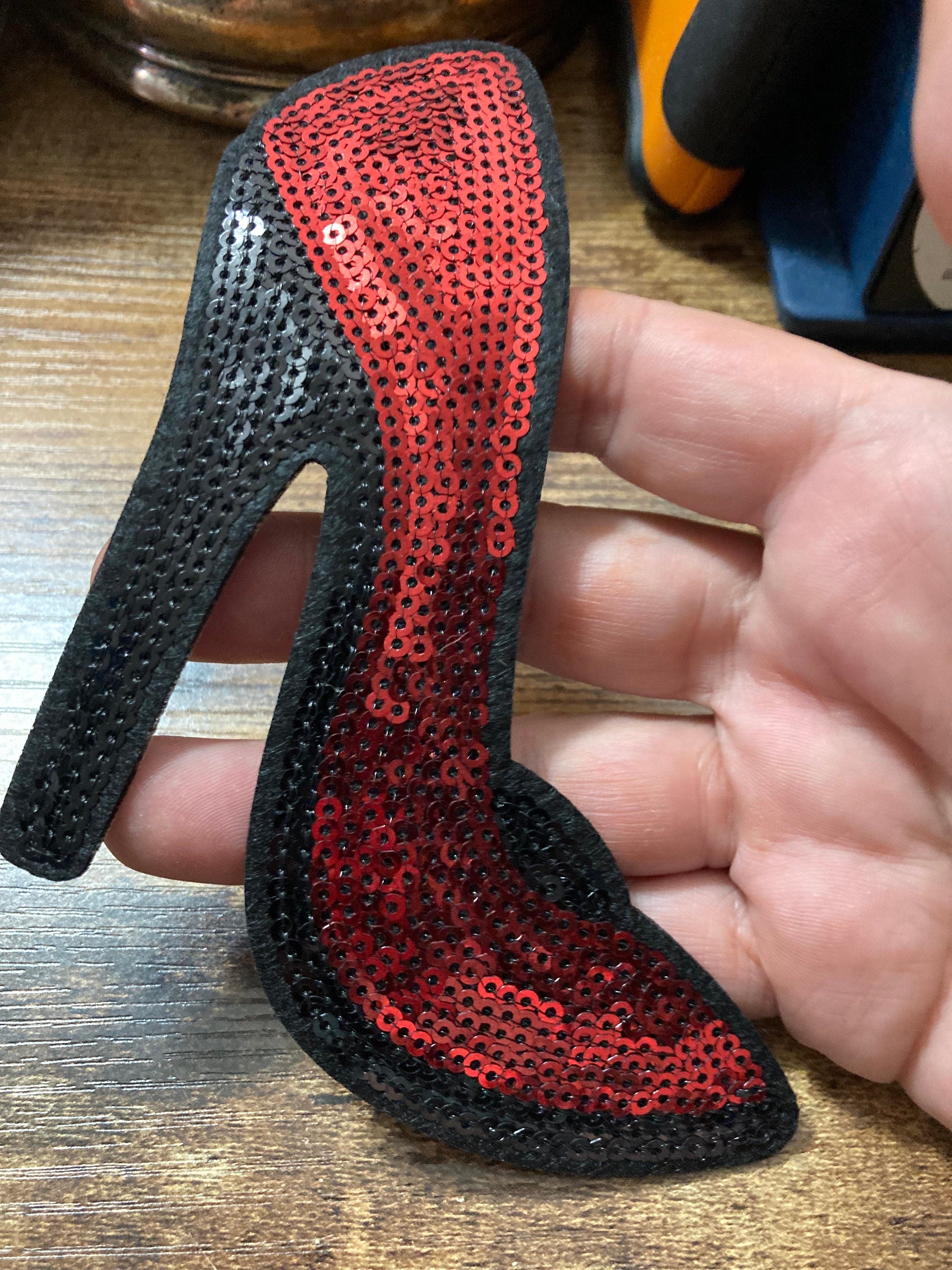 Large Sequin High Heel Shoe Patch: Red & Black Iron-On Applique (15 x 13)