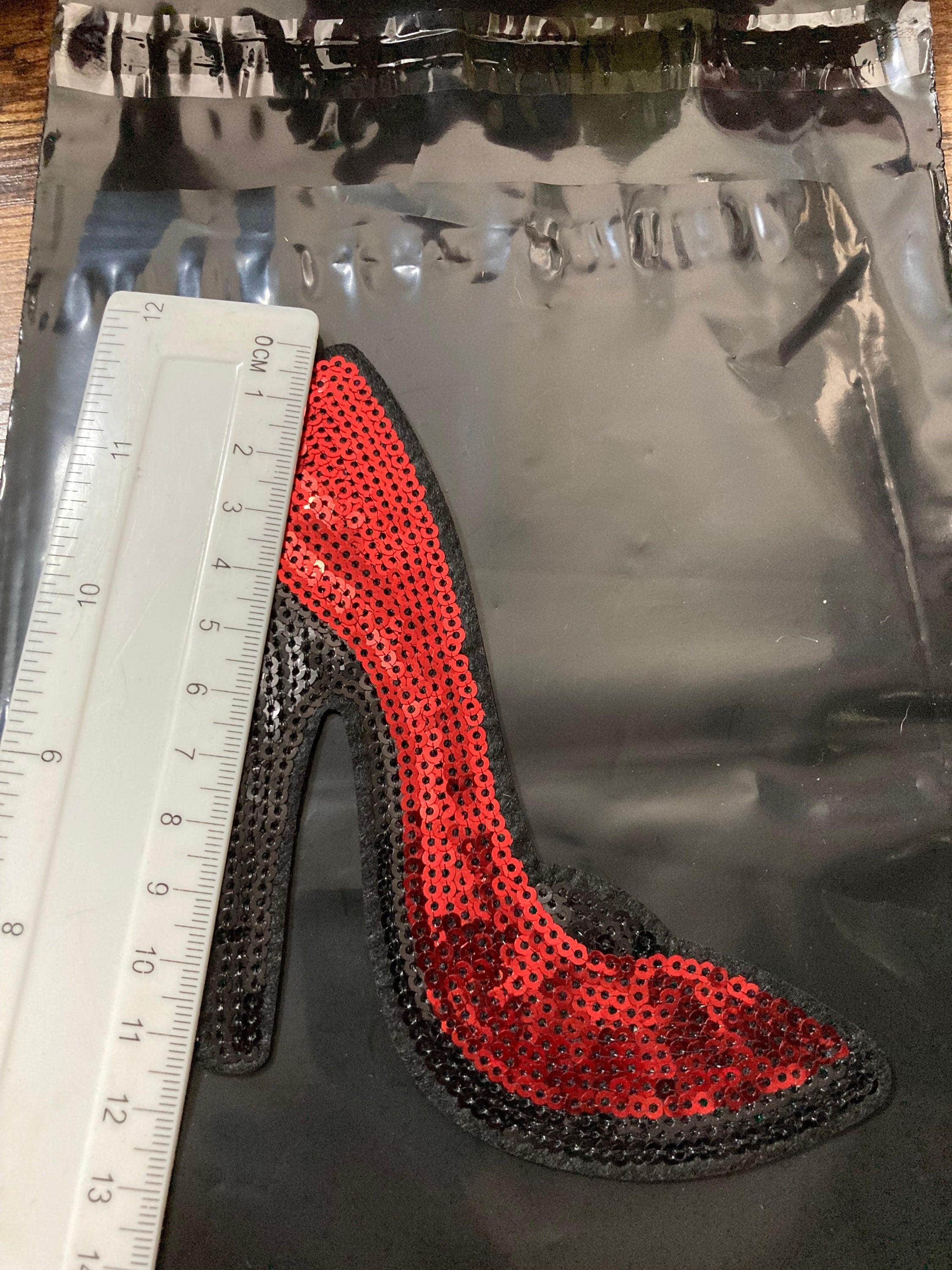 Large Sequin High Heel Shoe Patch: Red & Black Iron-On Applique (15 x 13)