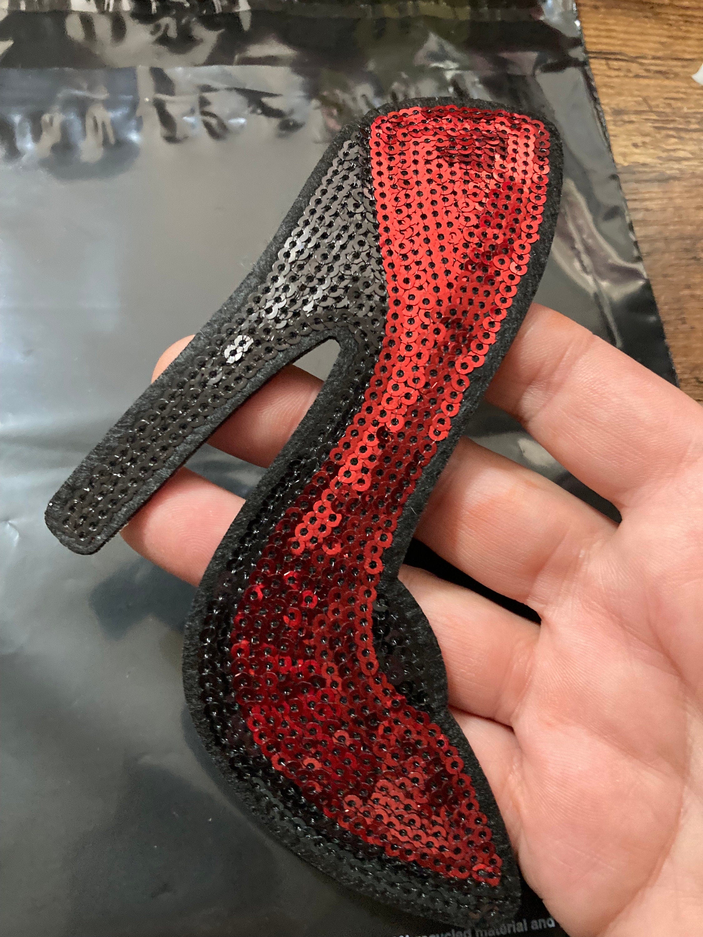Large Sequin High Heel Shoe Patch: Red & Black Iron-On Applique (15 x 13)