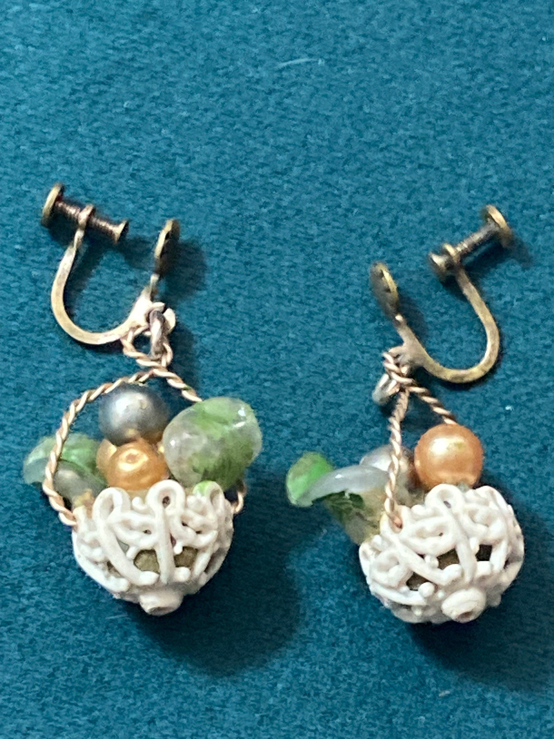 Antique Czech filigree gold tone enamelled glass FRUIT Basket clip on earrings 1930s Art Deco