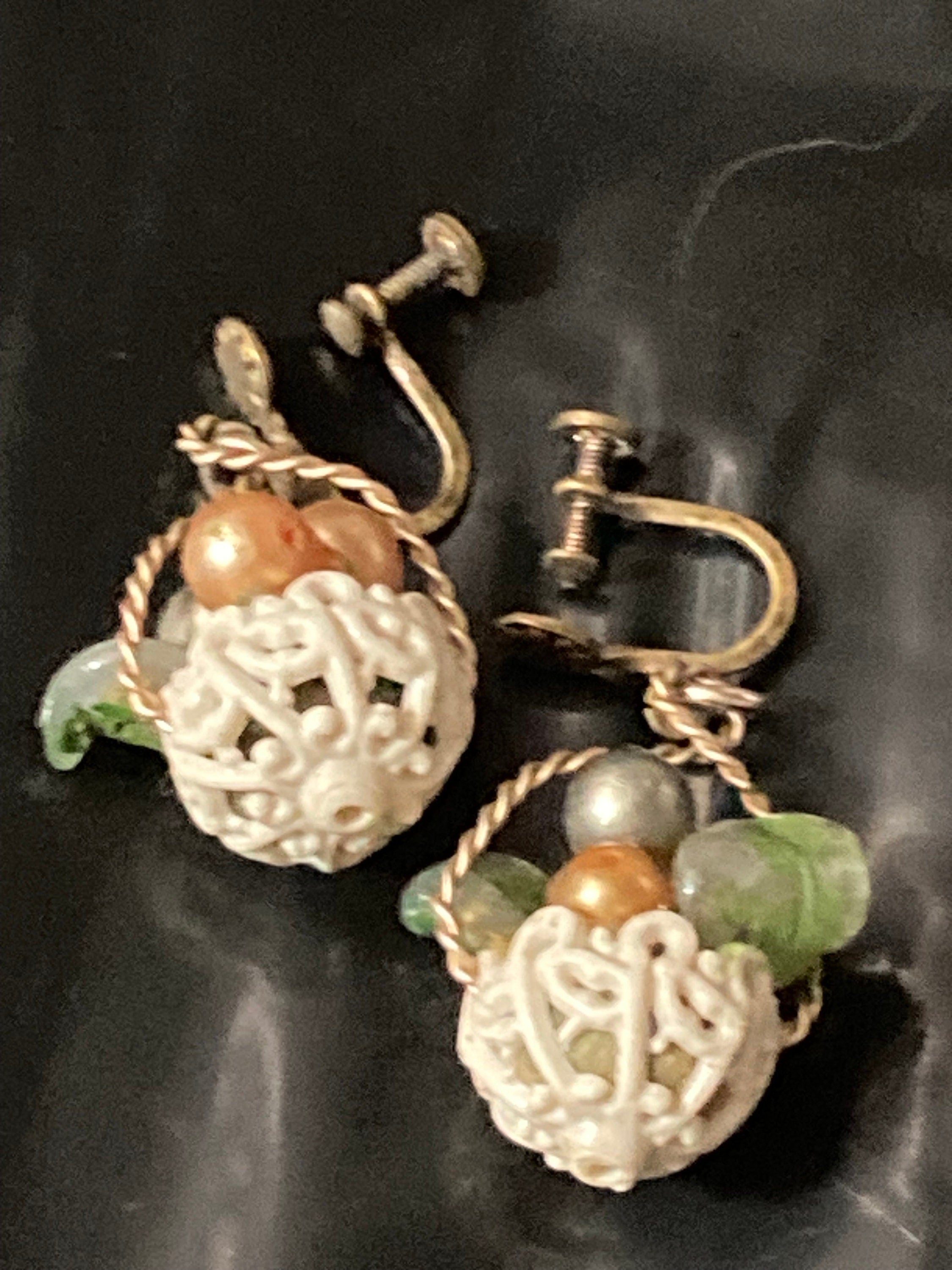 Antique Czech filigree gold tone enamelled glass FRUIT Basket clip on earrings 1930s Art Deco