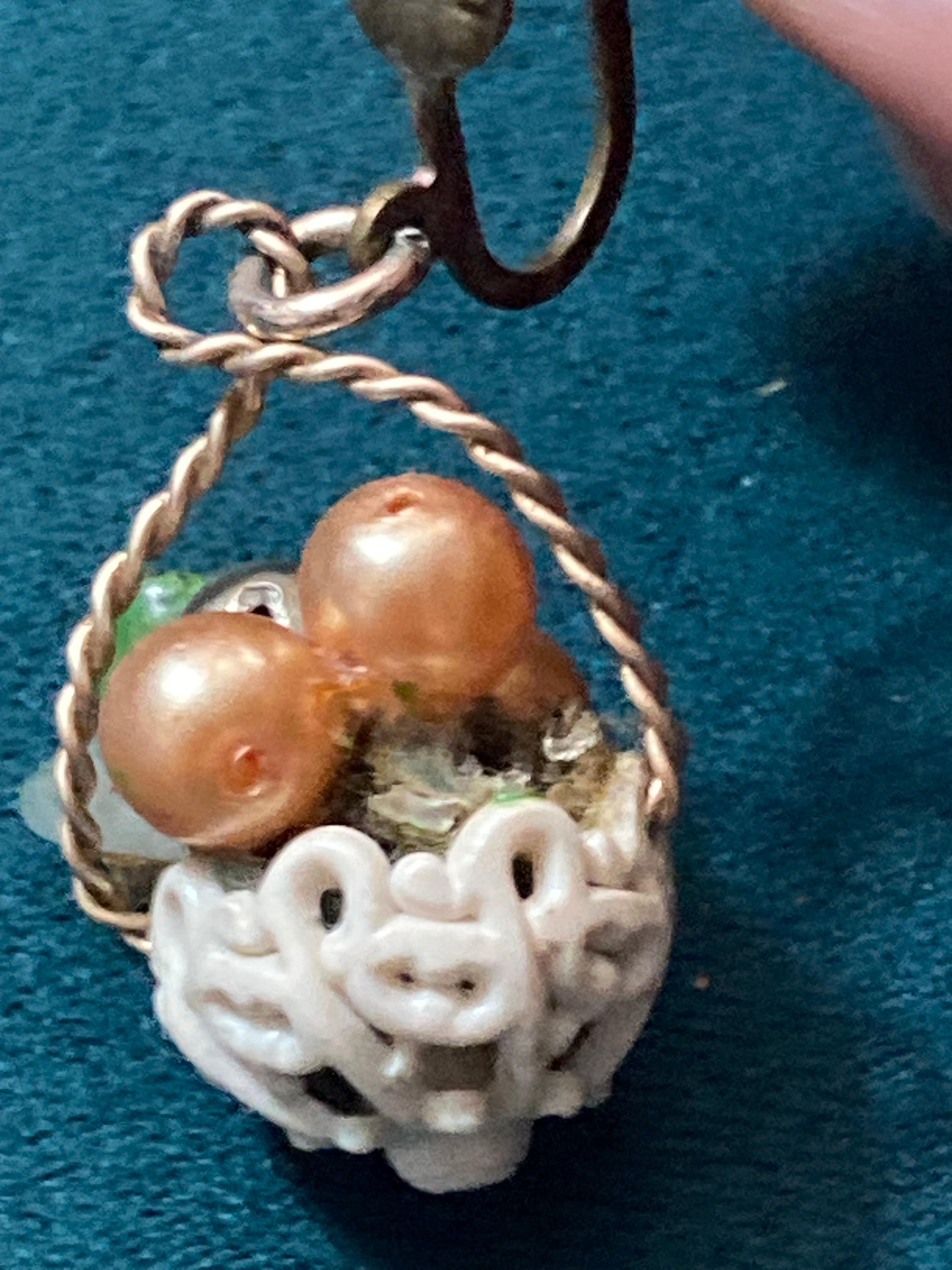Antique Czech filigree gold tone enamelled glass FRUIT Basket clip on earrings 1930s Art Deco