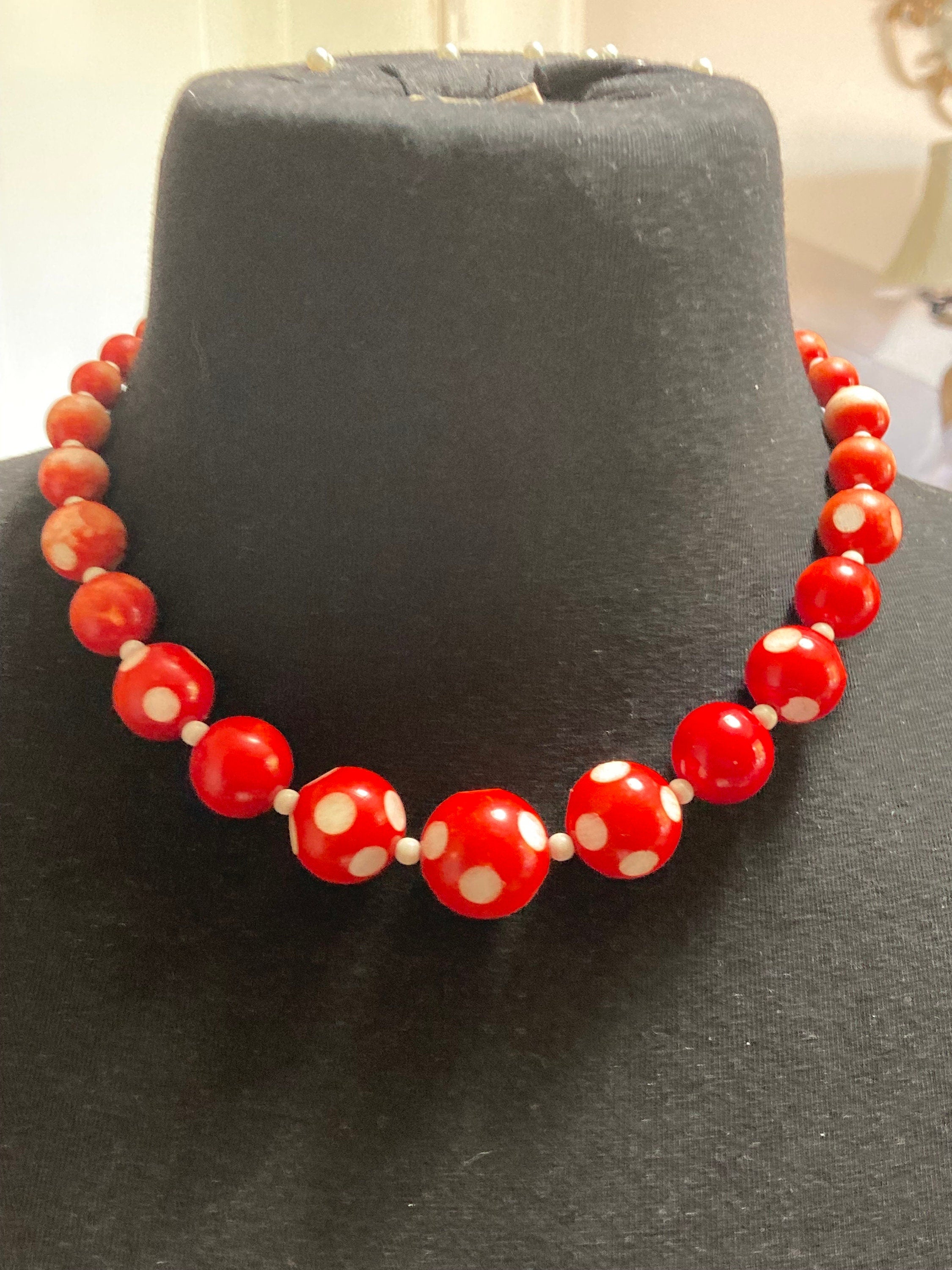 Vintage bright red white polka dot wooden beaded necklace as found