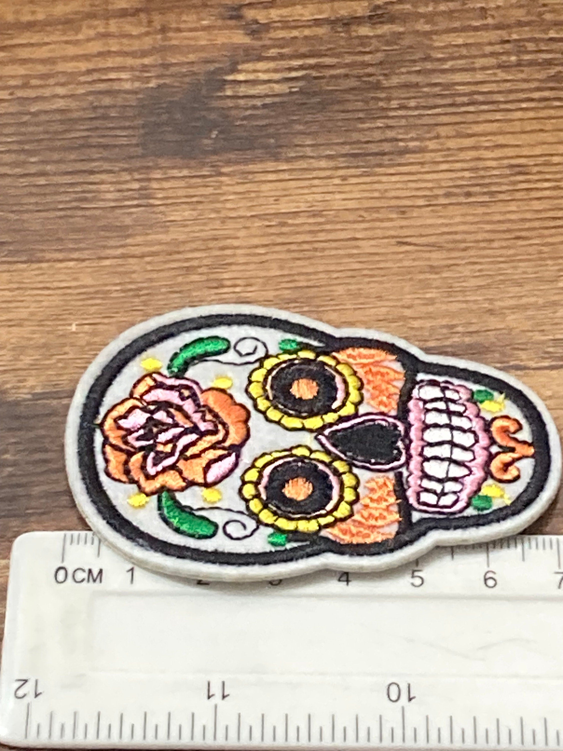 skull iron on patch appliqué, white black embroidery floral steampunk