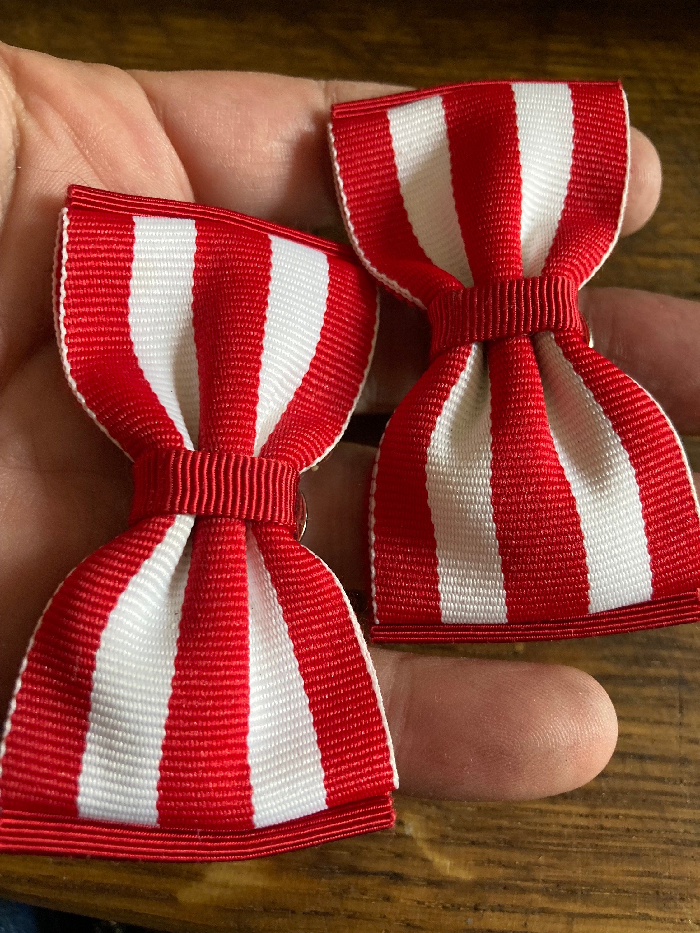 Vintage pair of bright red and white striped GROSGRAIN ribbon BOW shoe clips