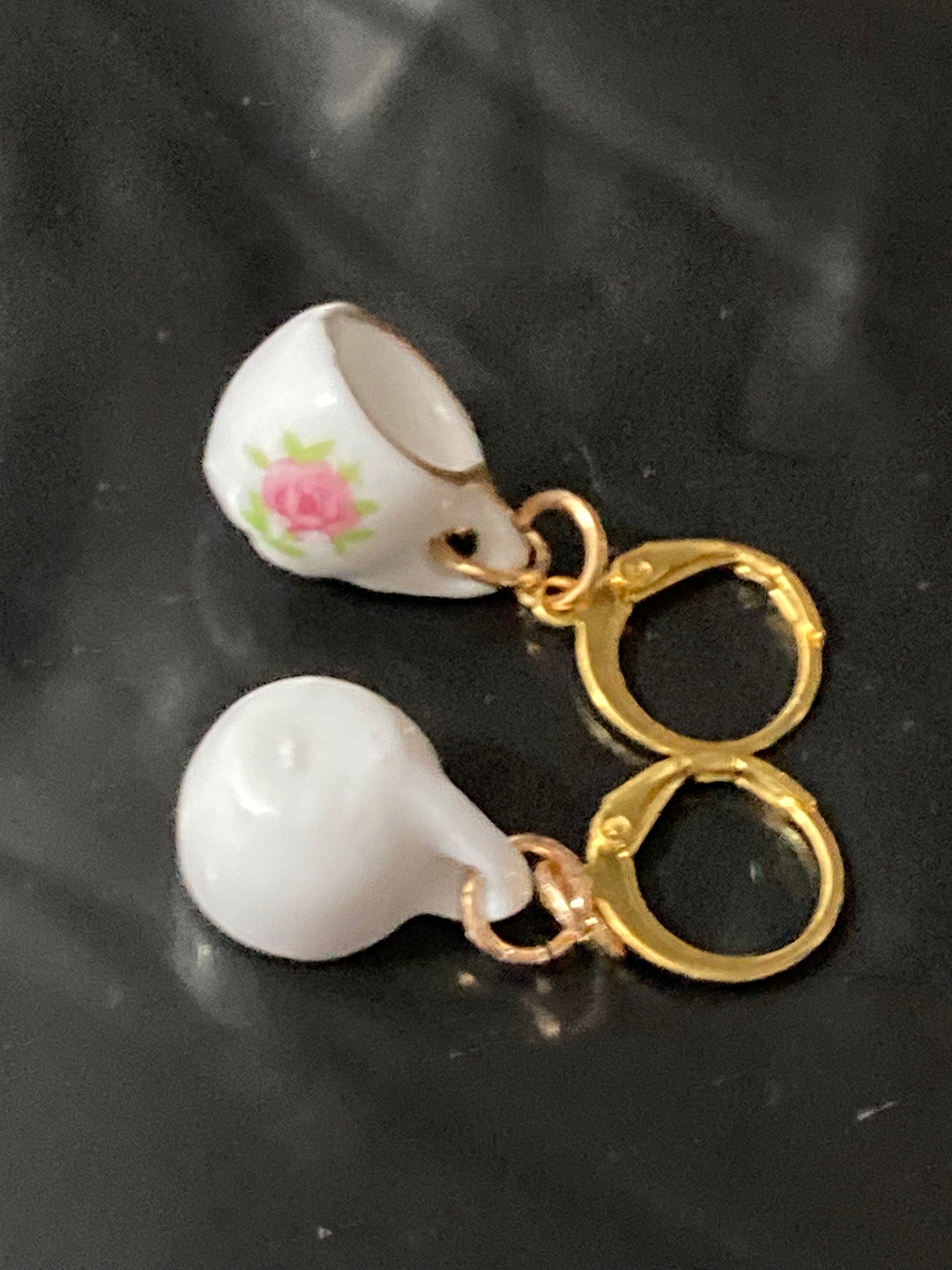 White ceramic pink floral tea Cup earrings vintage tea party gold tone lever back