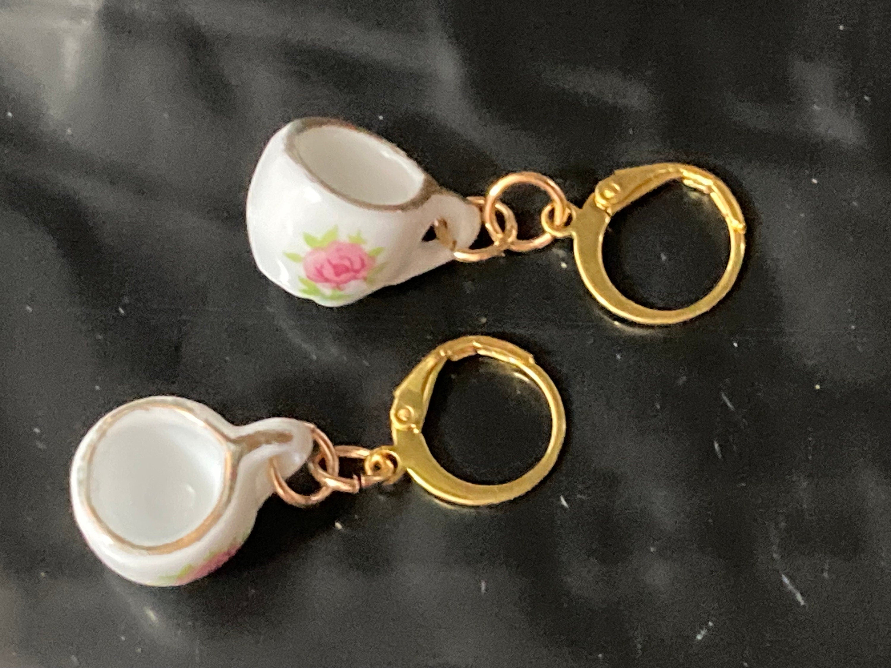 White ceramic pink floral tea Cup earrings vintage tea party gold tone lever back