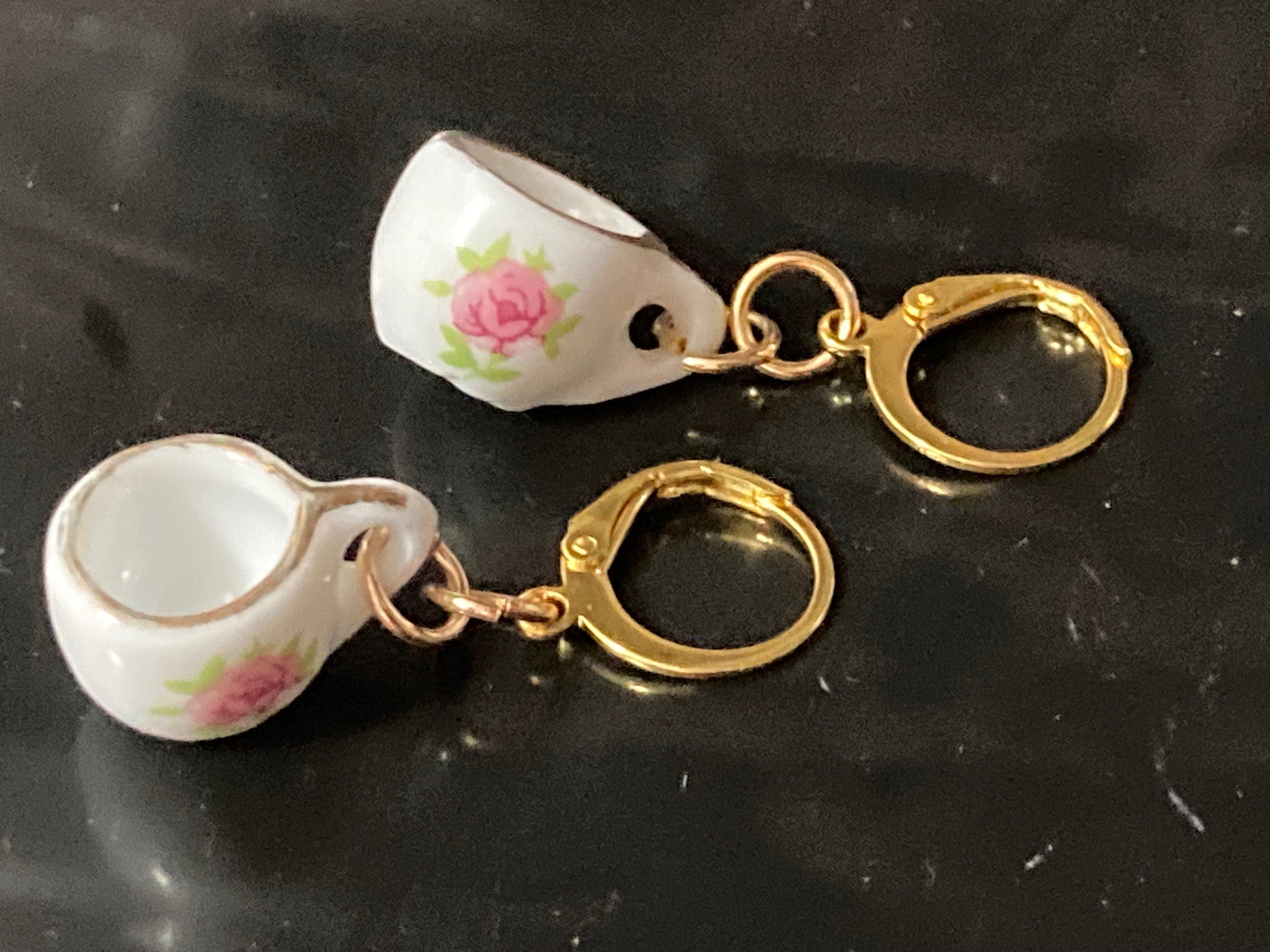 White ceramic pink floral tea Cup earrings vintage tea party gold tone lever back