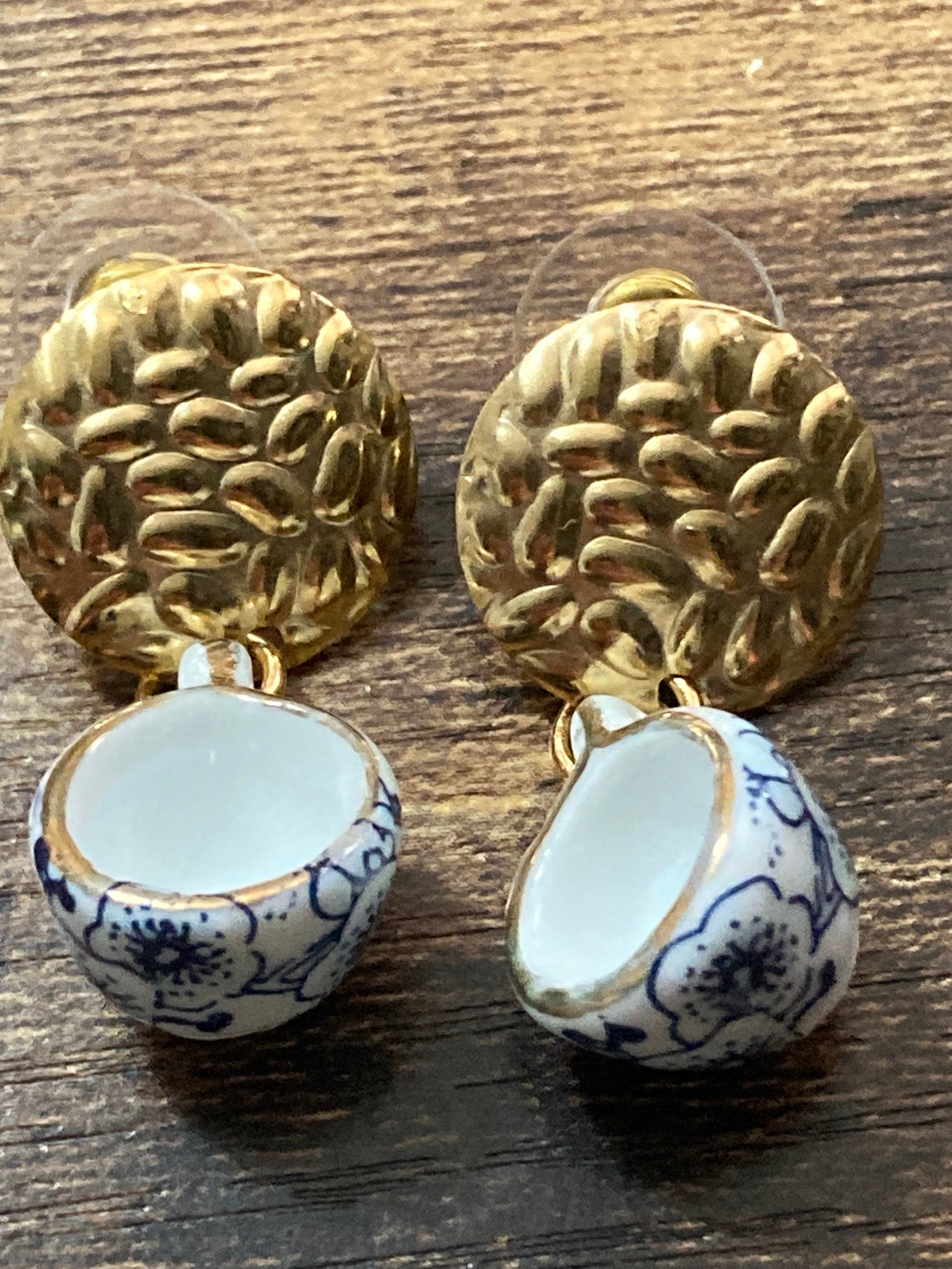 Ceramic Teacup Earrings: Blue Floral Japanese Amari Style, Gold Tone