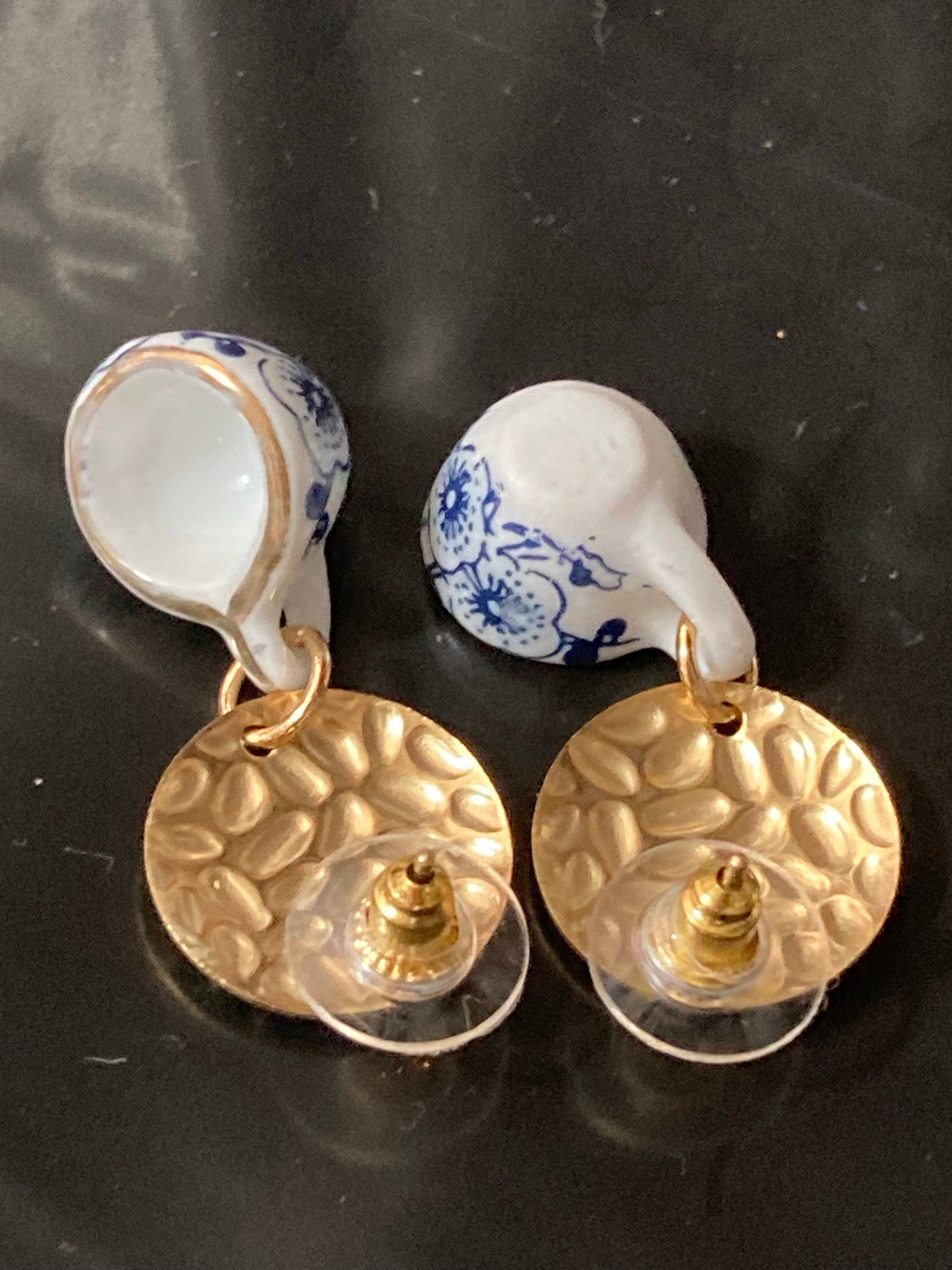 Ceramic Teacup Earrings: Blue Floral Japanese Amari Style, Gold Tone