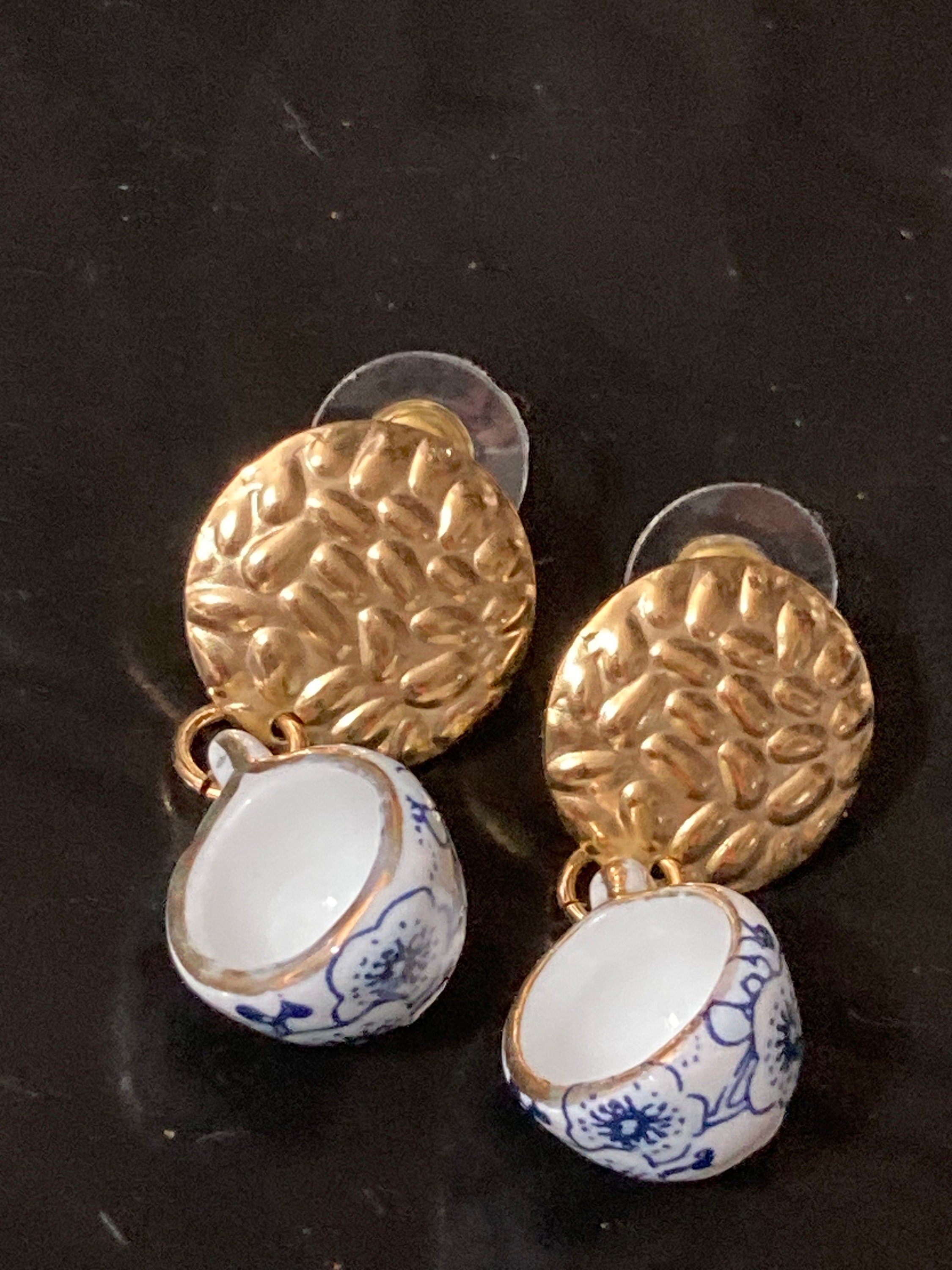 Ceramic Teacup Earrings: Blue Floral Japanese Amari Style, Gold Tone
