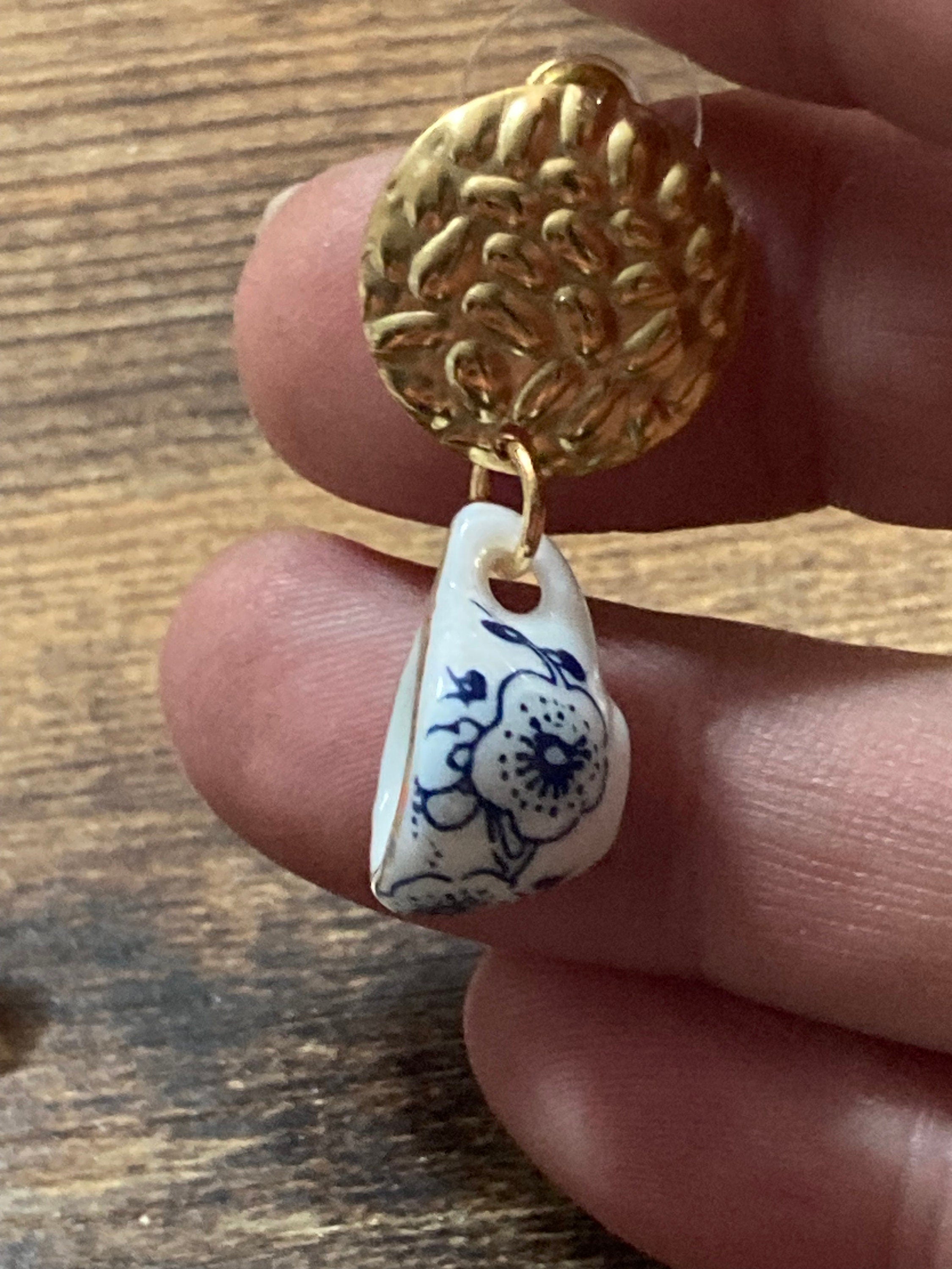 Ceramic Teacup Earrings: Blue Floral Japanese Amari Style, Gold Tone