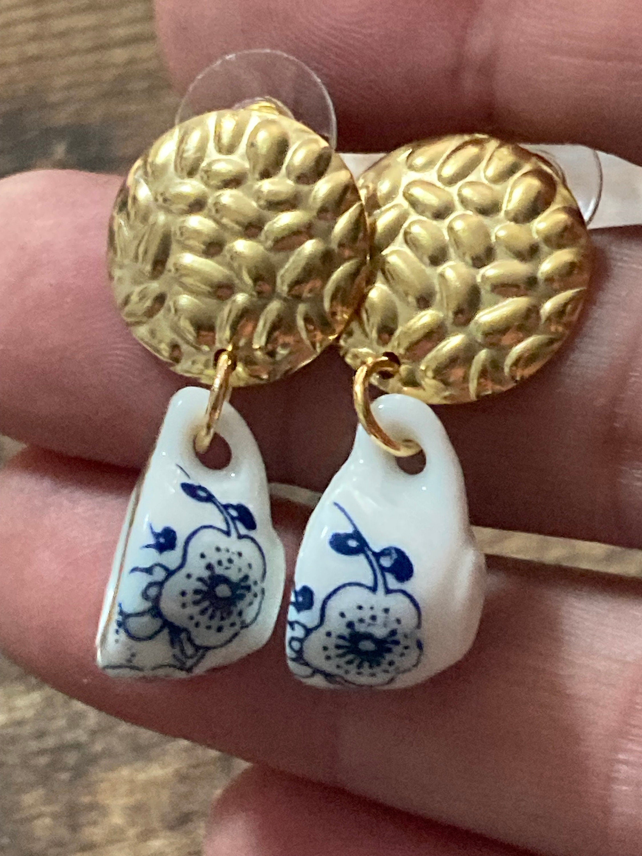 Ceramic Teacup Earrings: Blue Floral Japanese Amari Style, Gold Tone
