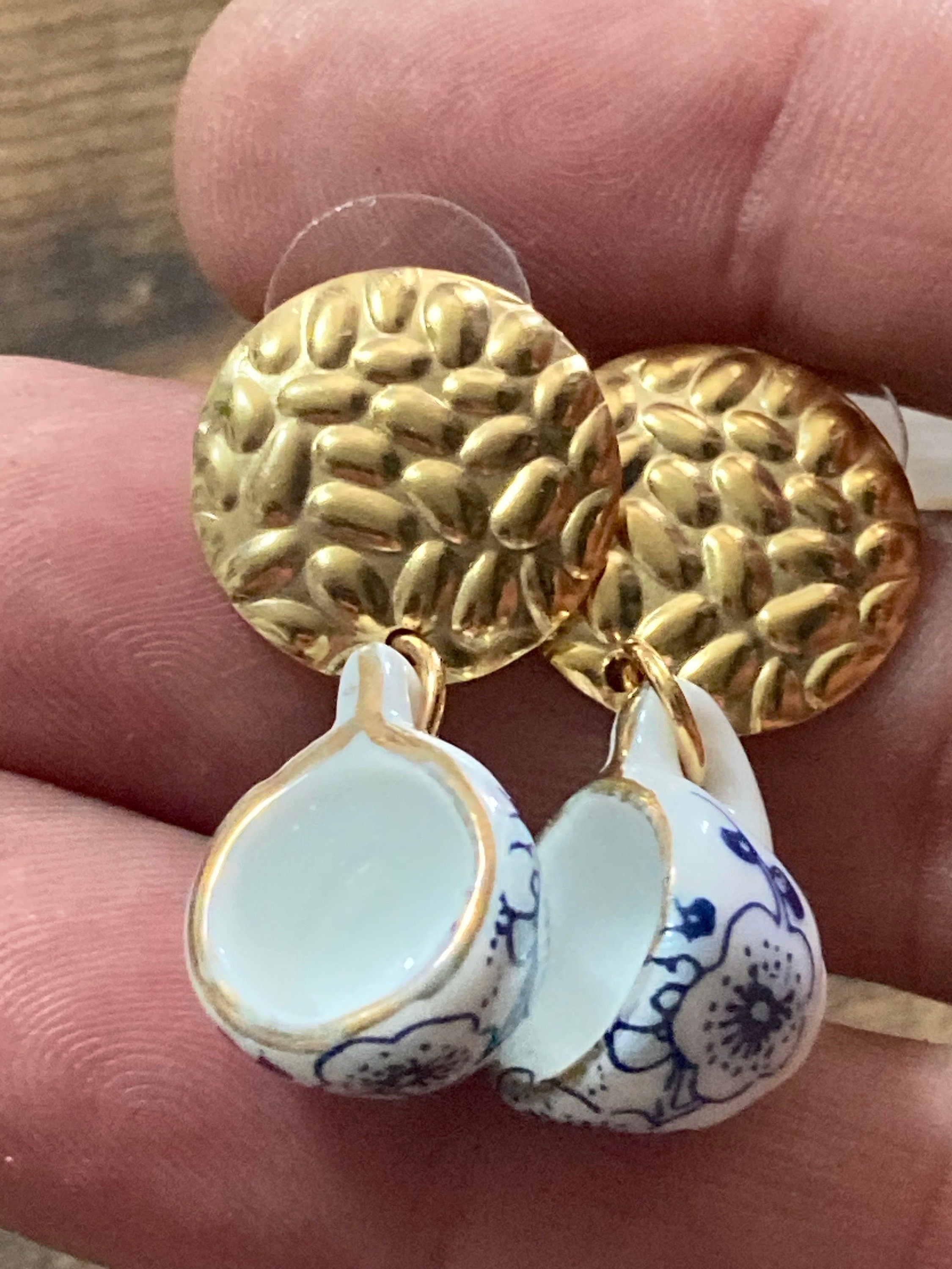 Ceramic Teacup Earrings: Blue Floral Japanese Amari Style, Gold Tone