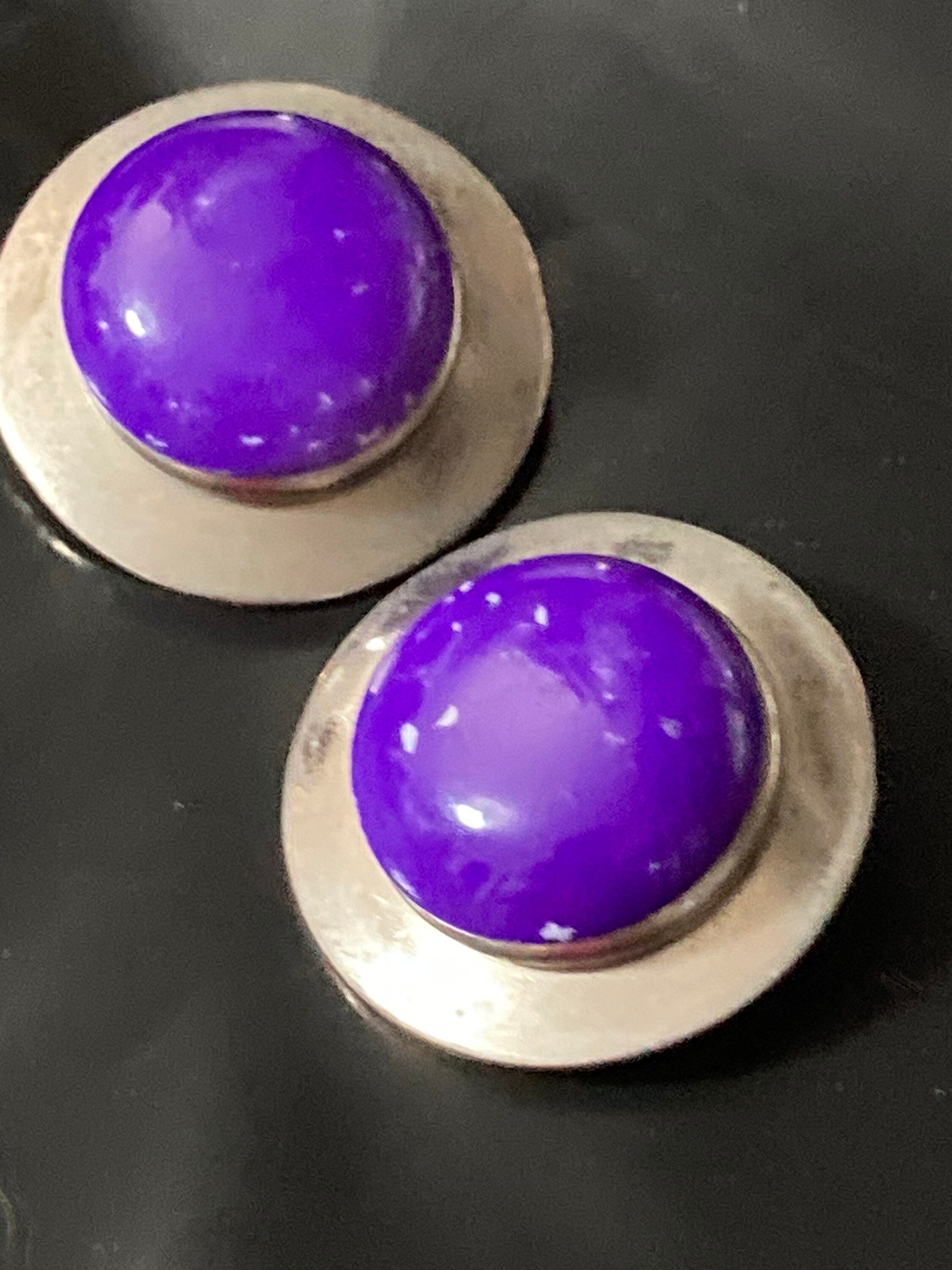 Vintage French silver tone metal 32mm round domed ceramic purple cabochons clip on earrings