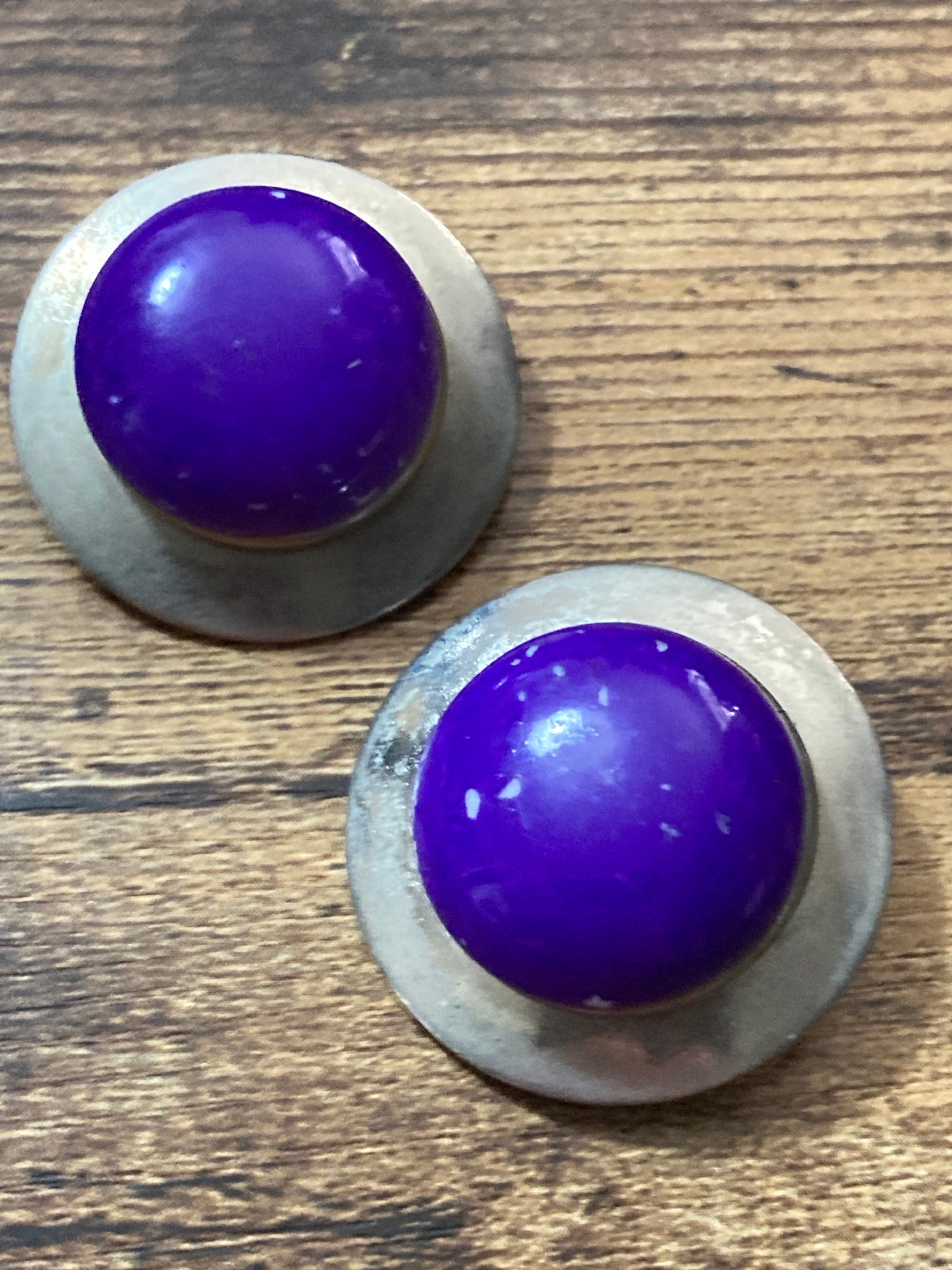 Vintage French silver tone metal 32mm round domed ceramic purple cabochons clip on earrings