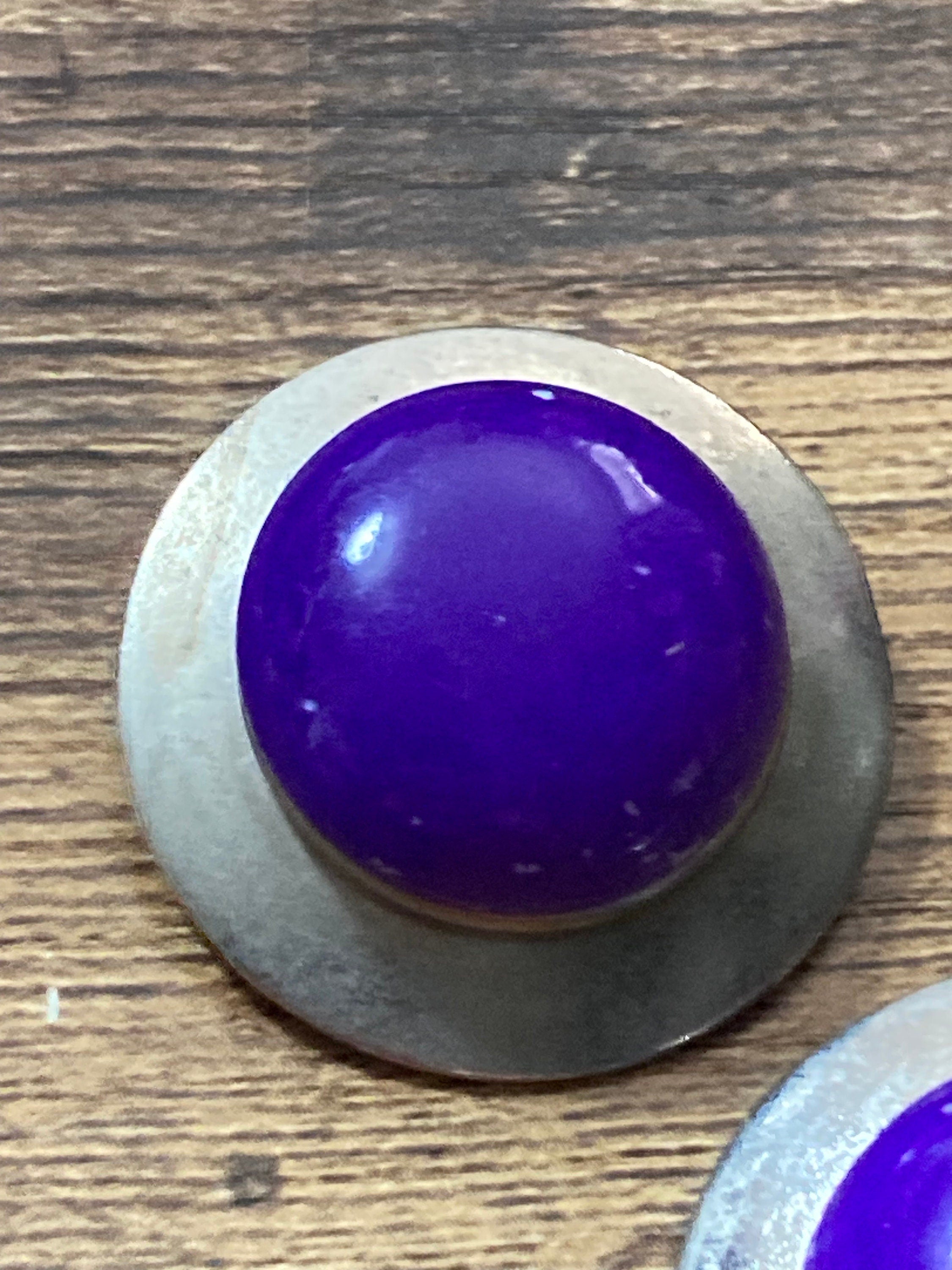 Vintage French silver tone metal 32mm round domed ceramic purple cabochons clip on earrings