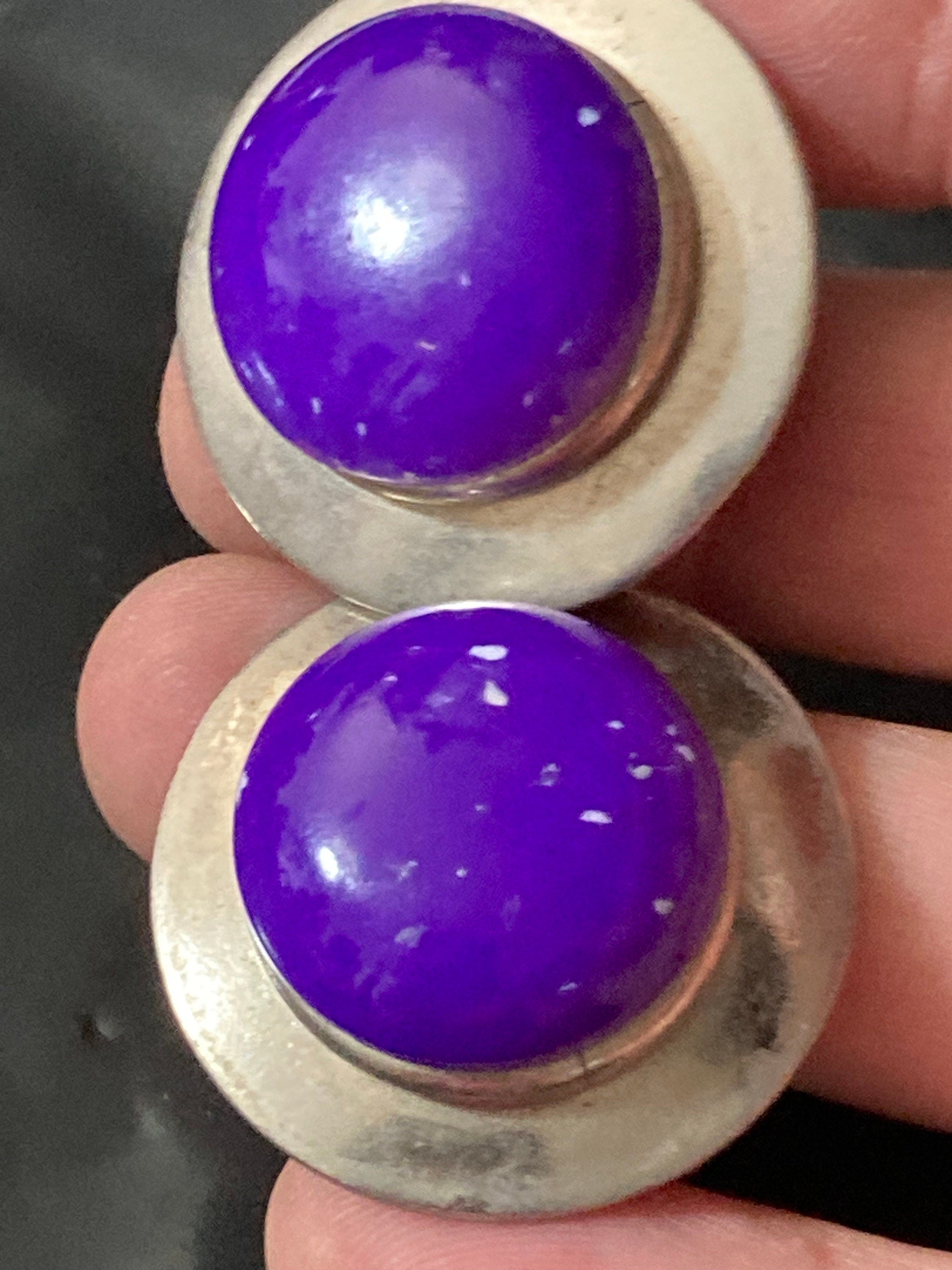 Vintage French silver tone metal 32mm round domed ceramic purple cabochons clip on earrings
