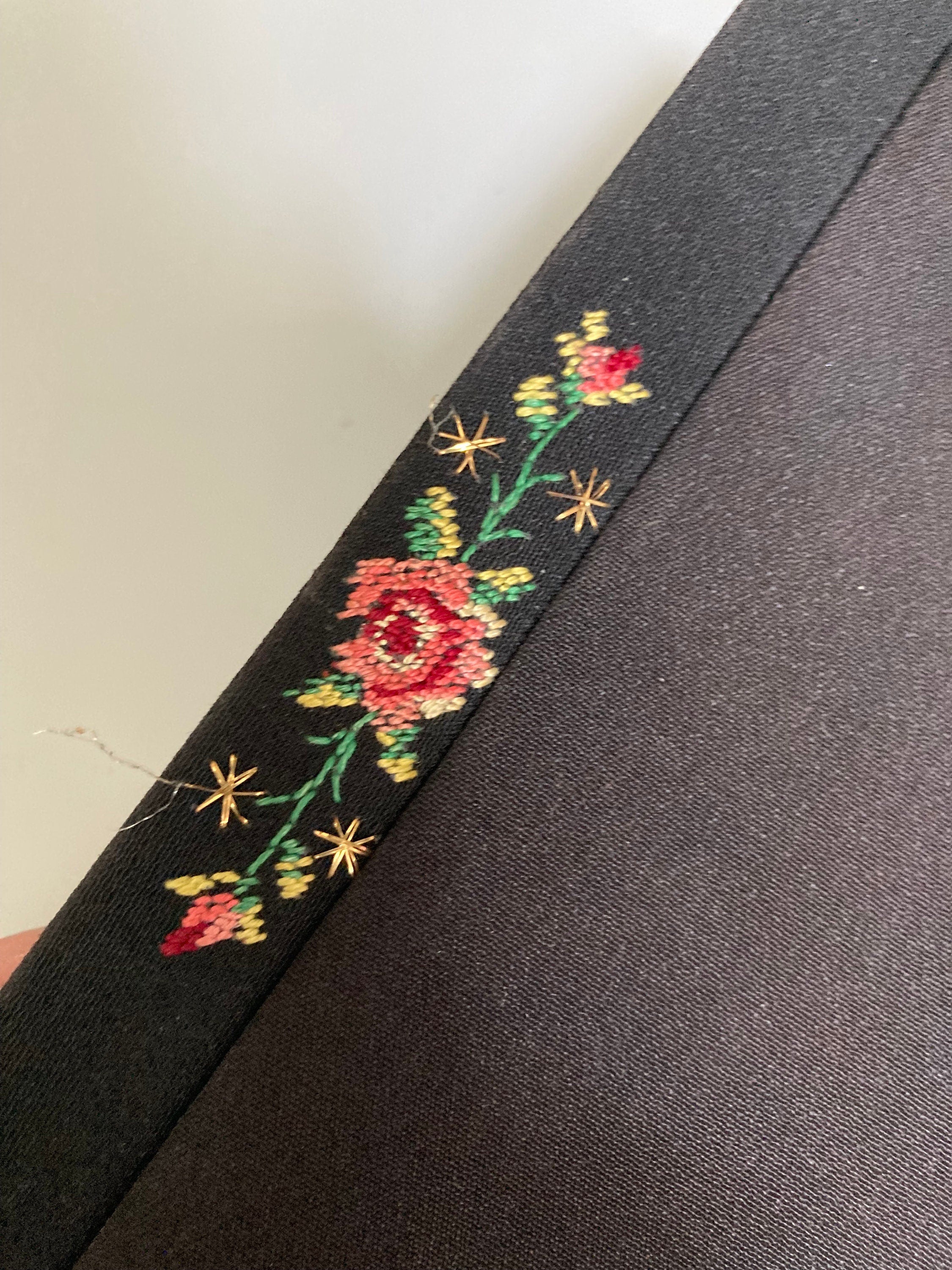 Vintage black crepe Evening Bag Purse with floral petit point embroidery mid century