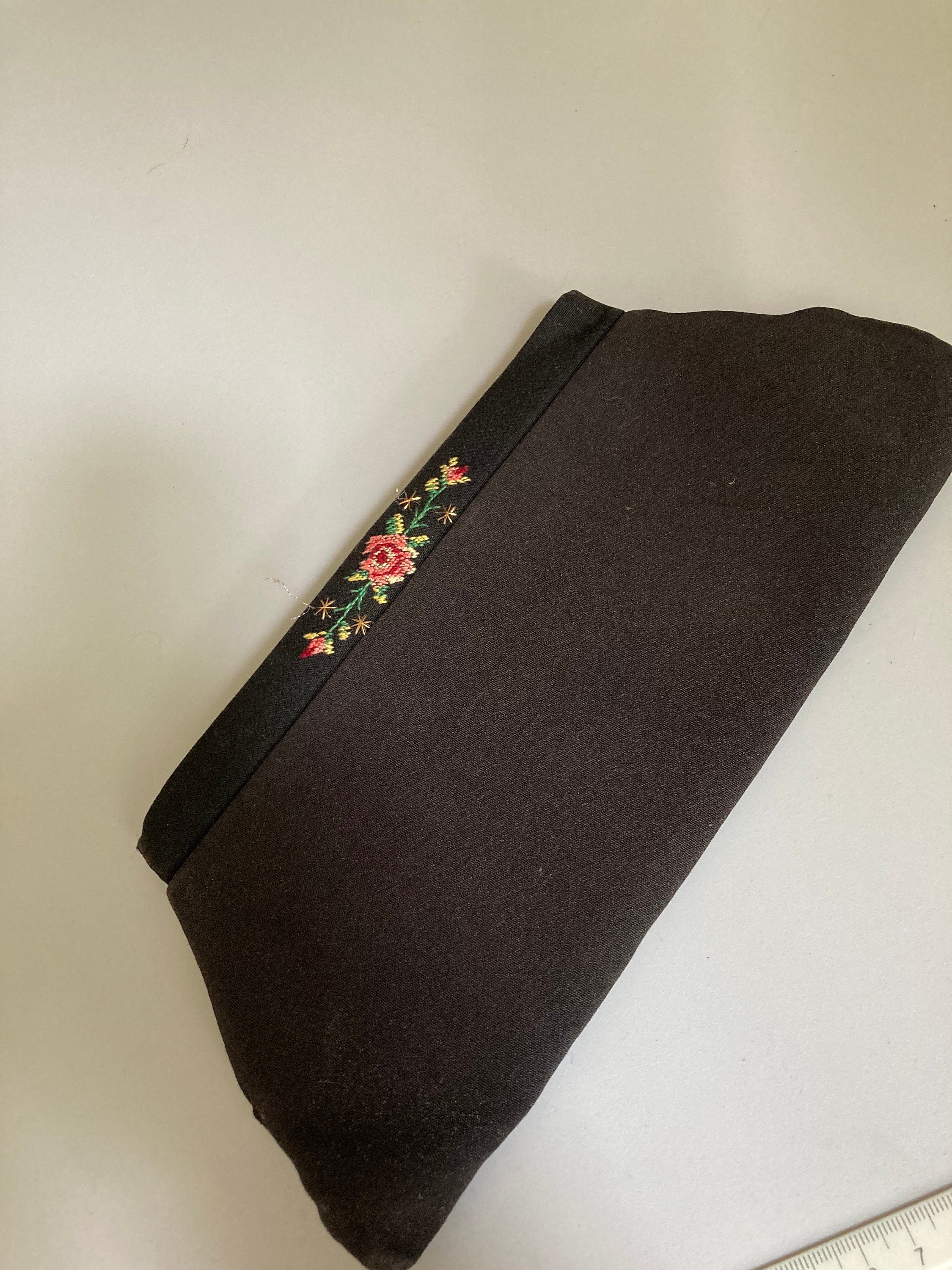 Vintage black crepe Evening Bag Purse with floral petit point embroidery mid century