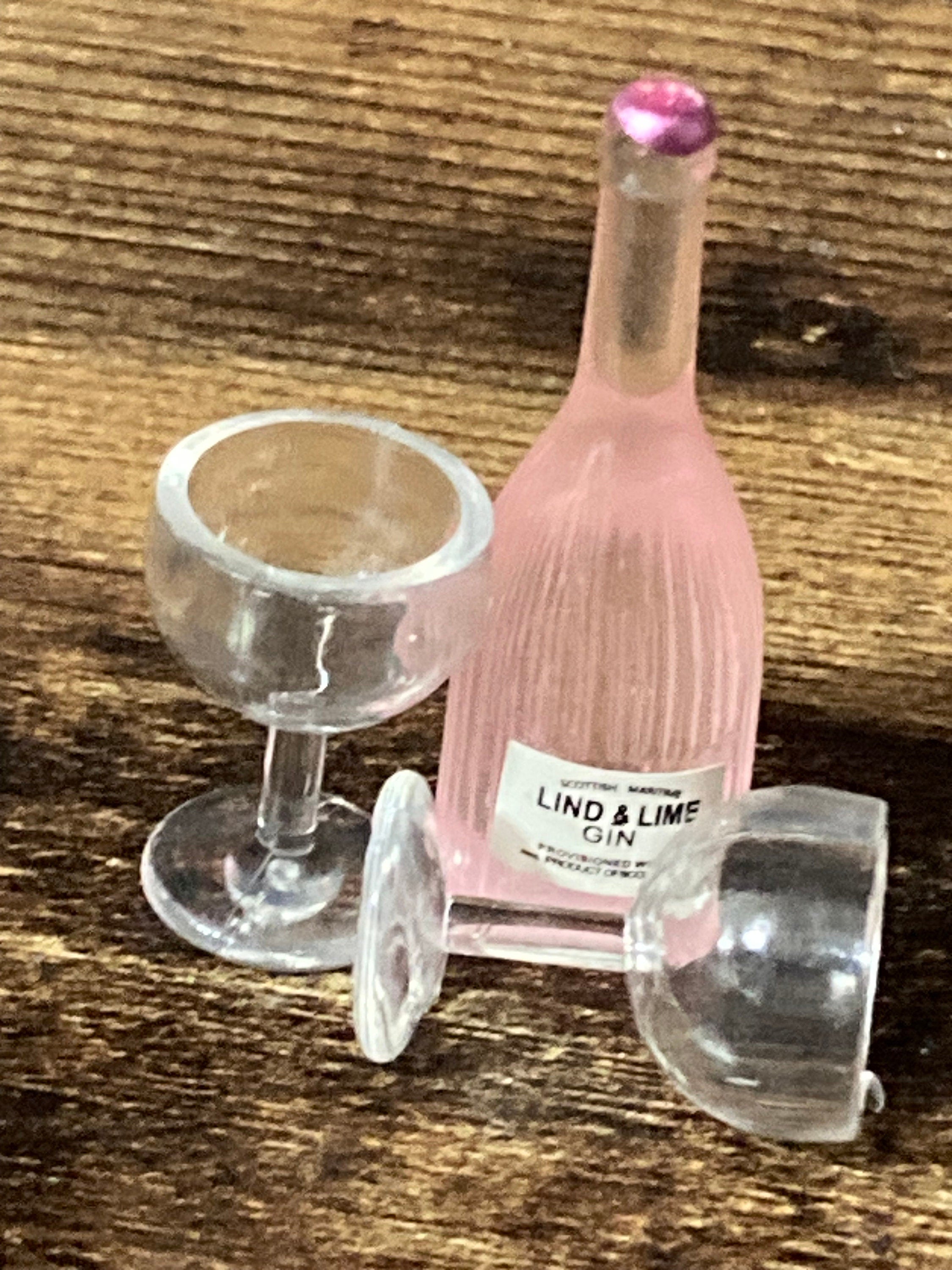 Miniature pink gin bottle and two glasses cake topper dollhouses naughty elf prop