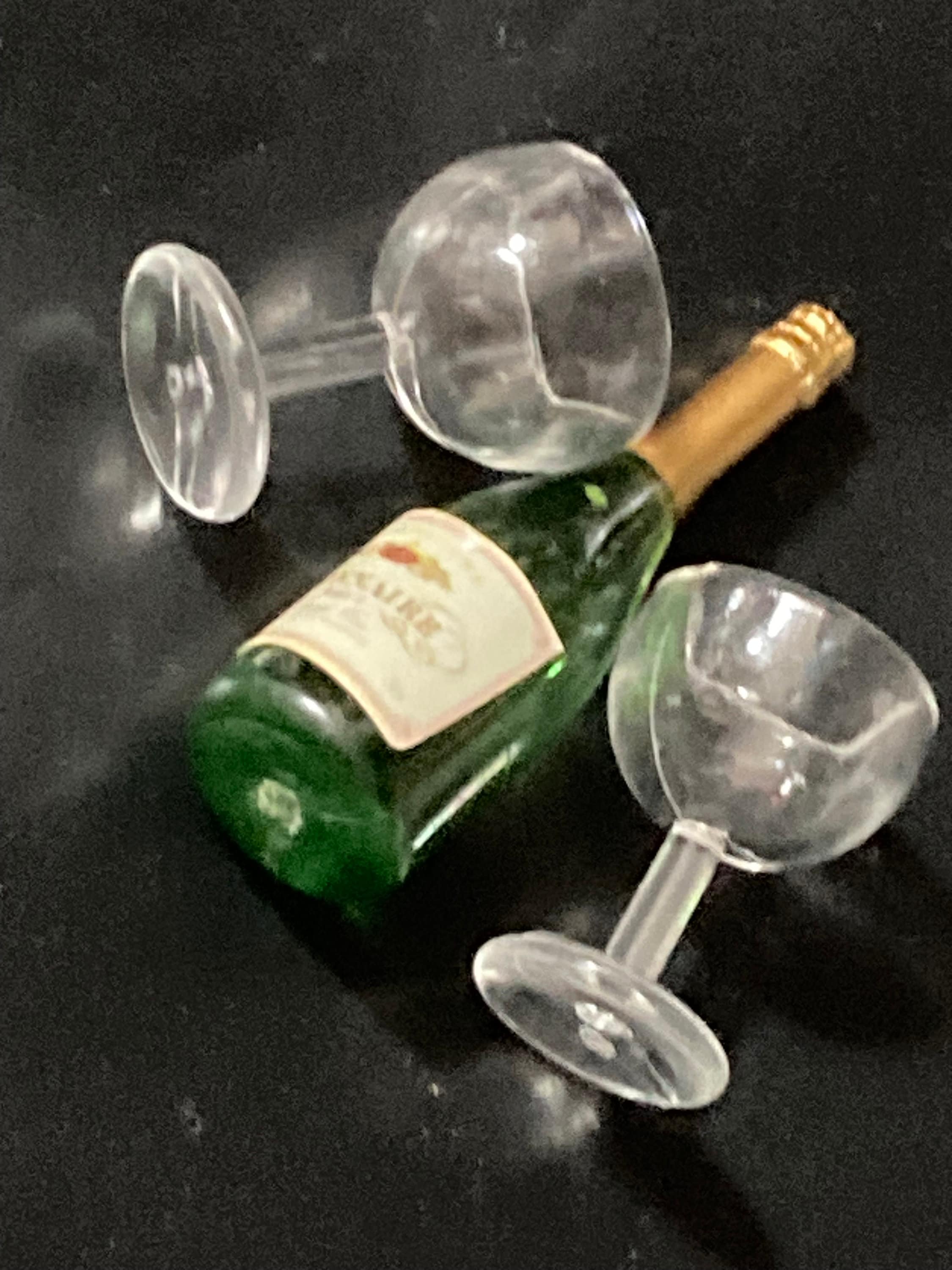 Miniature champagne bottle and two glasses coupes cake topper dollhouses naughty elf prop