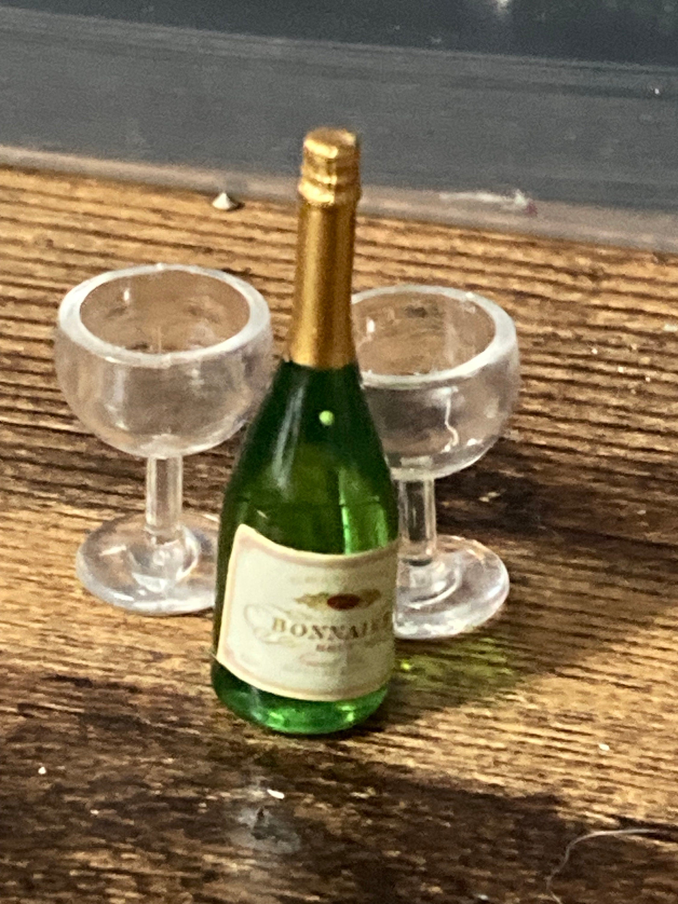 Miniature champagne bottle and two glasses coupes cake topper dollhouses naughty elf prop