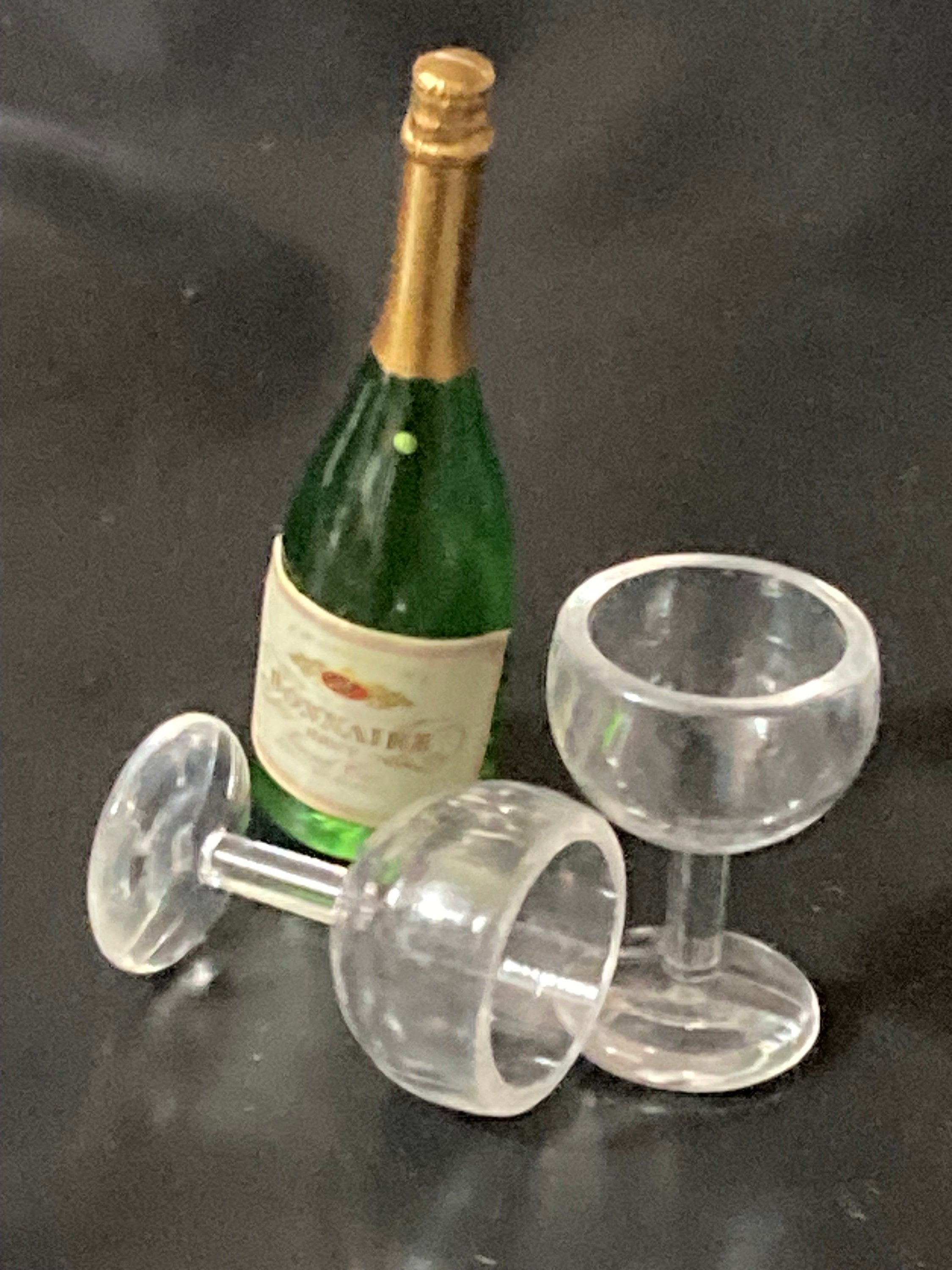 Miniature champagne bottle and two glasses coupes cake topper dollhouses naughty elf prop