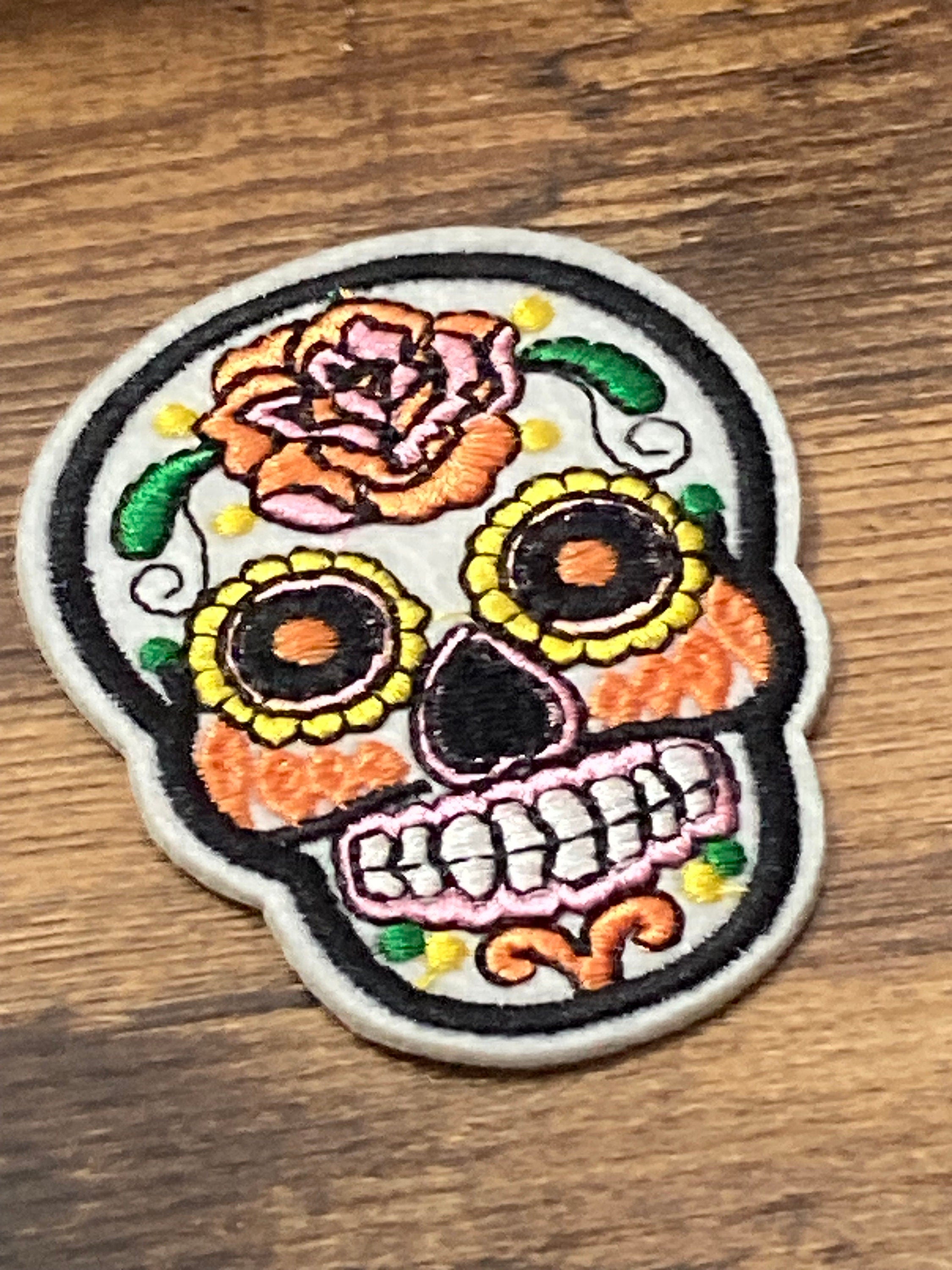 skull iron on patch appliqué, white black embroidery floral steampunk