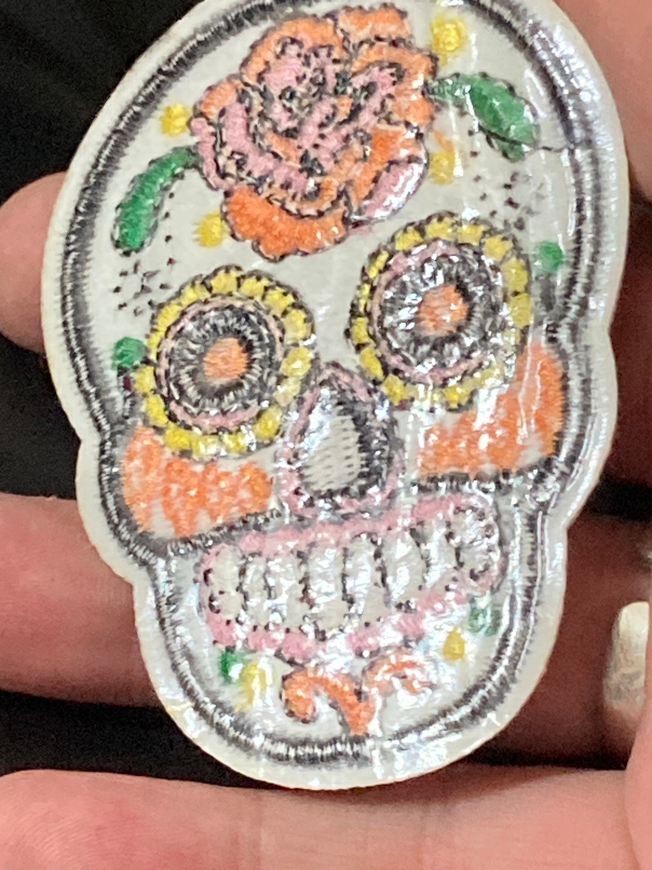 skull iron on patch appliqué, white black embroidery floral steampunk