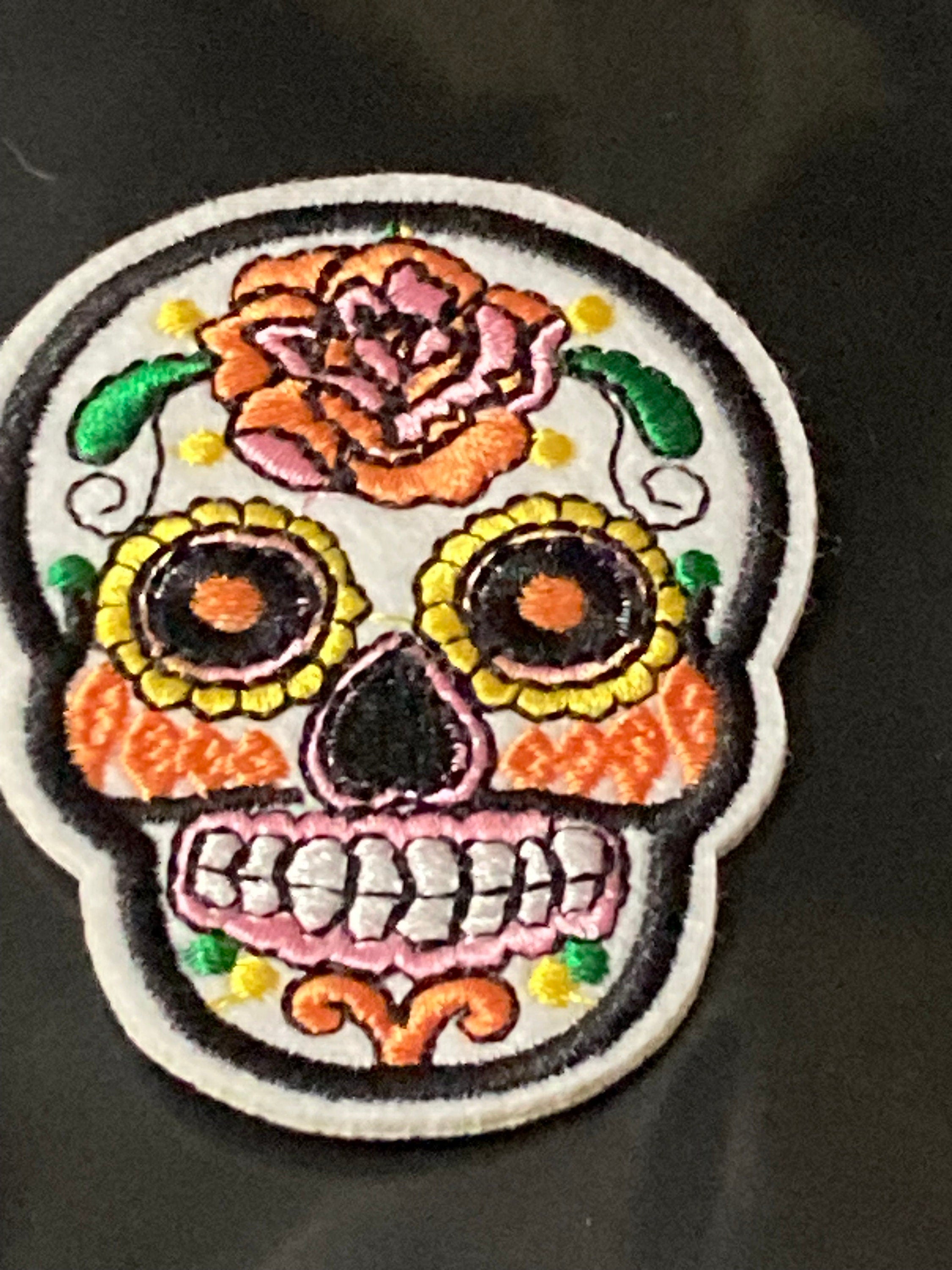 skull iron on patch appliqué, white black embroidery floral steampunk