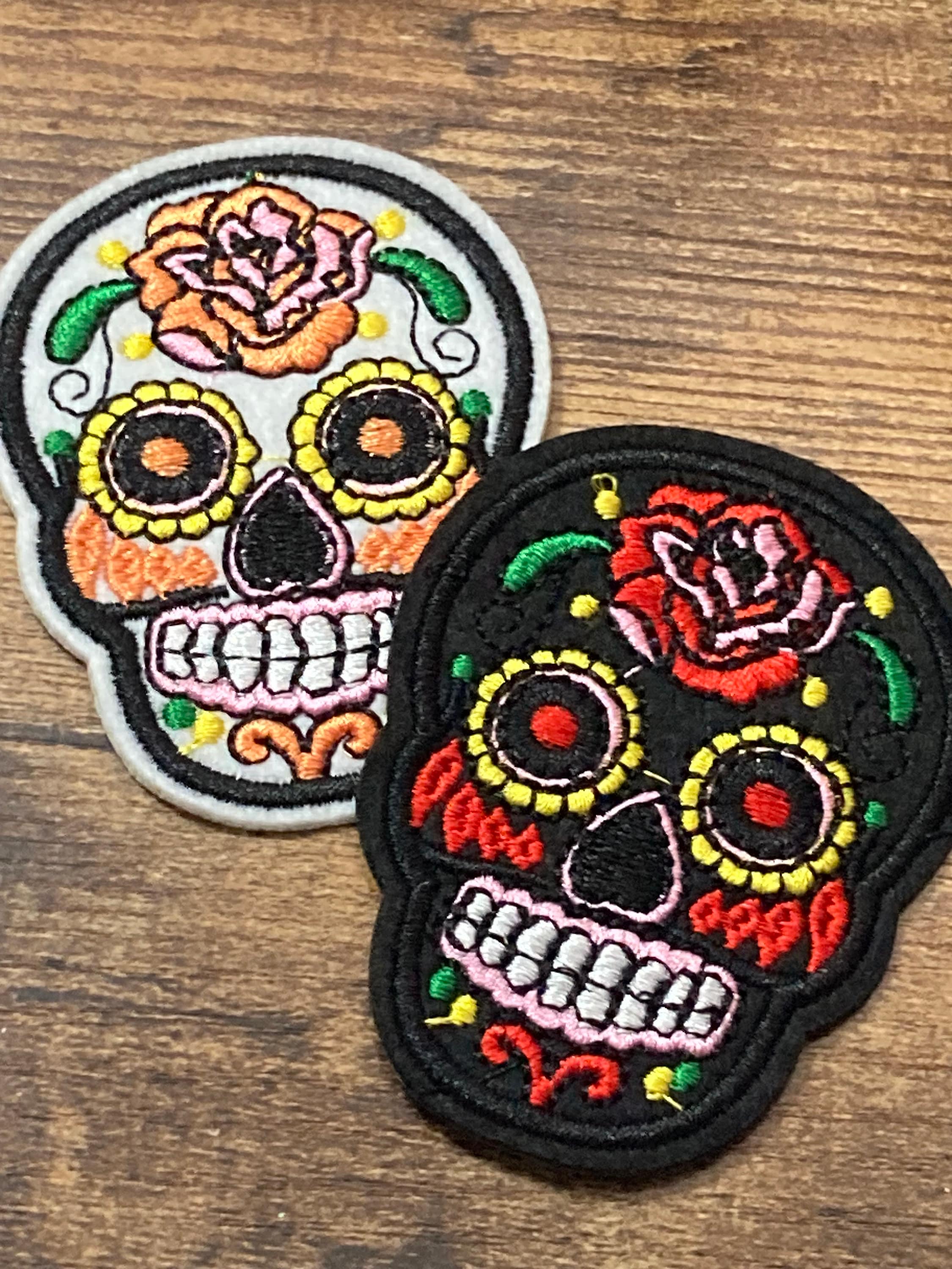 skull iron on patch appliqué, white black embroidery floral steampunk