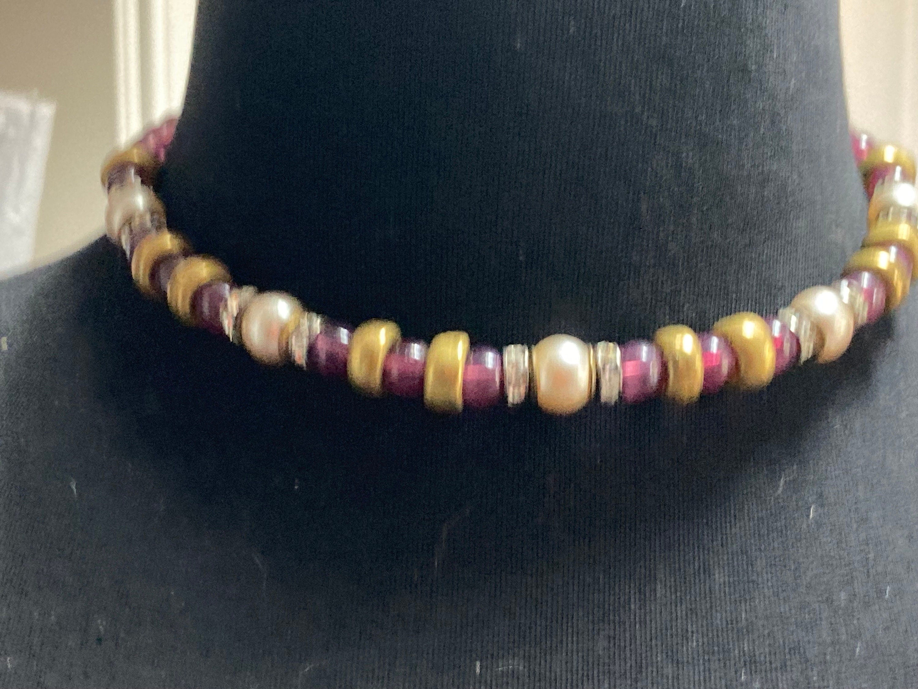 Vintage carlo Zini Italian high end designer amethyst brass & faux pearl beaded necklace signed