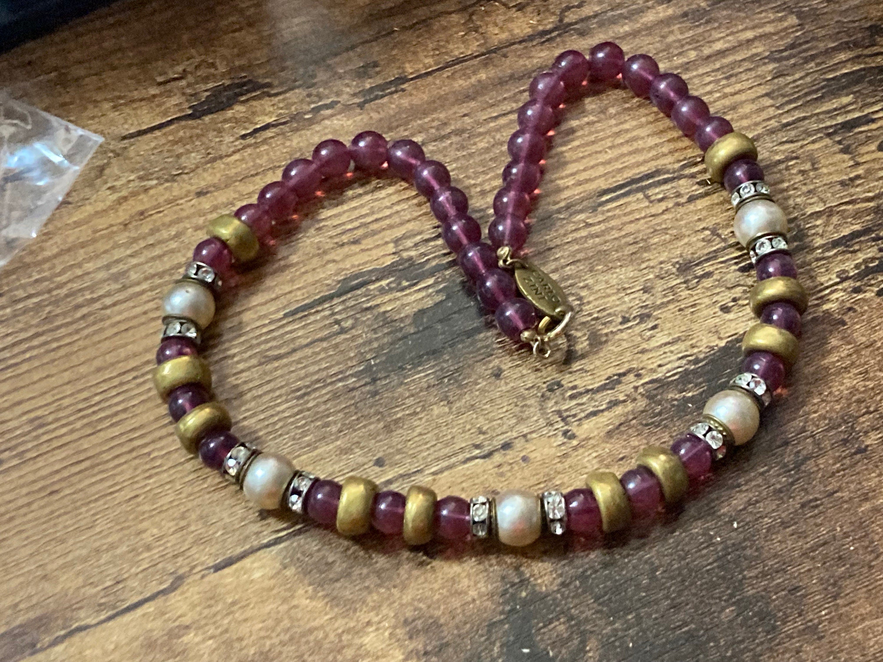 Vintage carlo Zini Italian high end designer amethyst brass & faux pearl beaded necklace signed