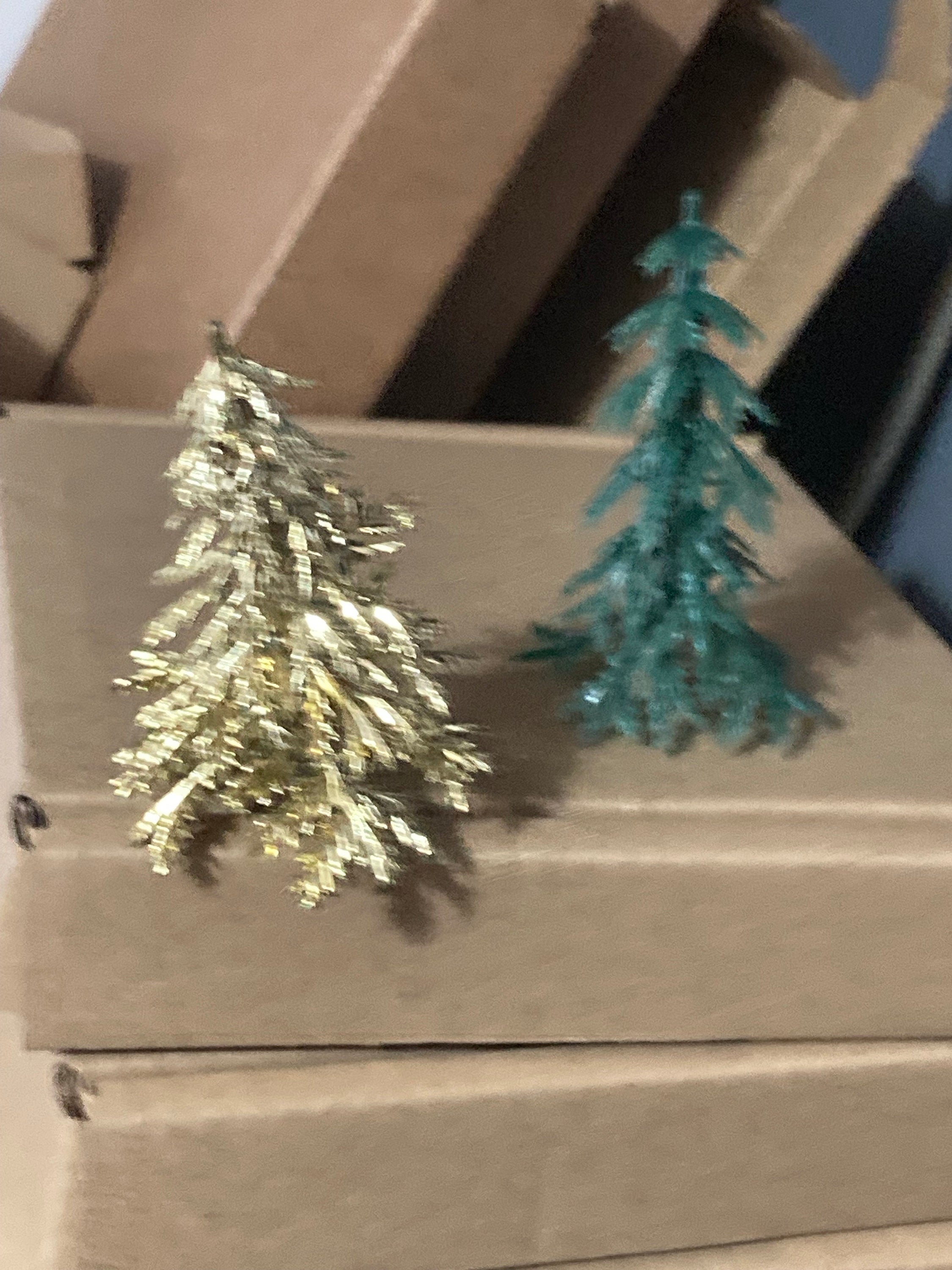 2 x Vintage plastic green and gold mix 1960s miniature Fir tree Christmas tree cake topper