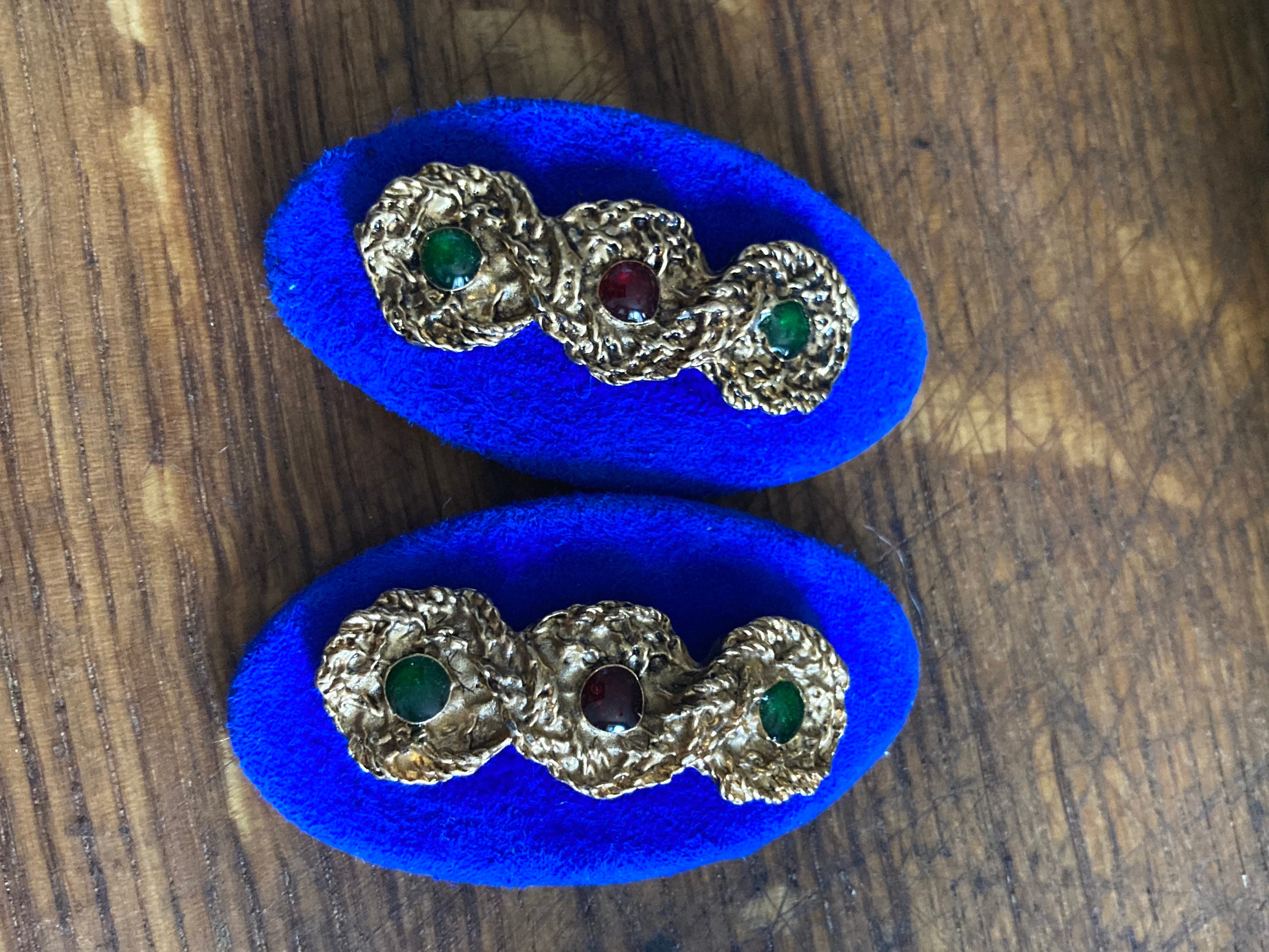 Vintage Blue Suede Shoe Clips: Beaded Gripoix Gold Braided Pair
