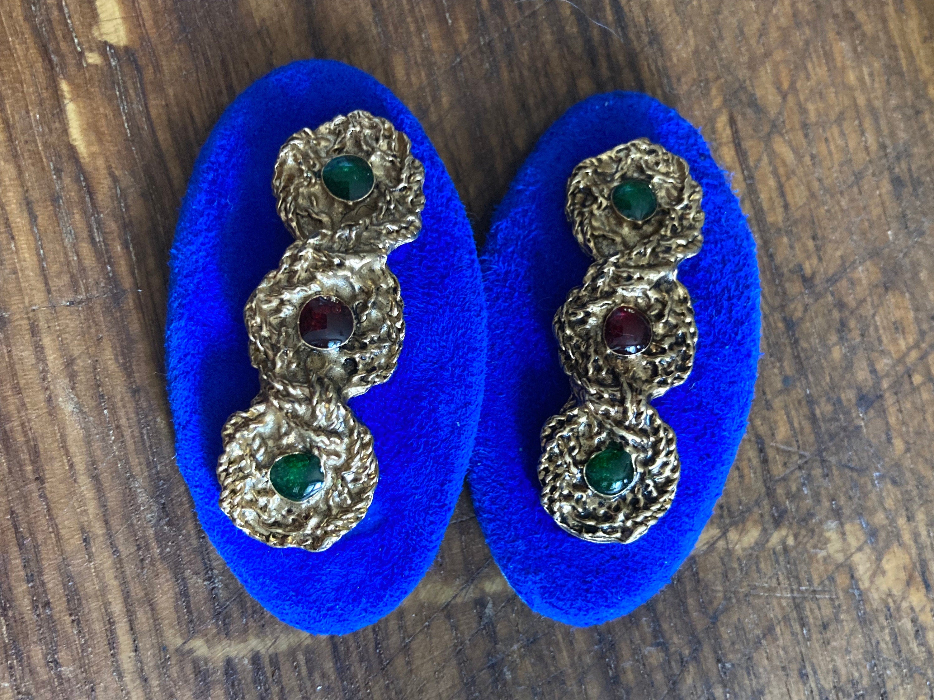Vintage Blue Suede Shoe Clips: Beaded Gripoix Gold Braided Pair