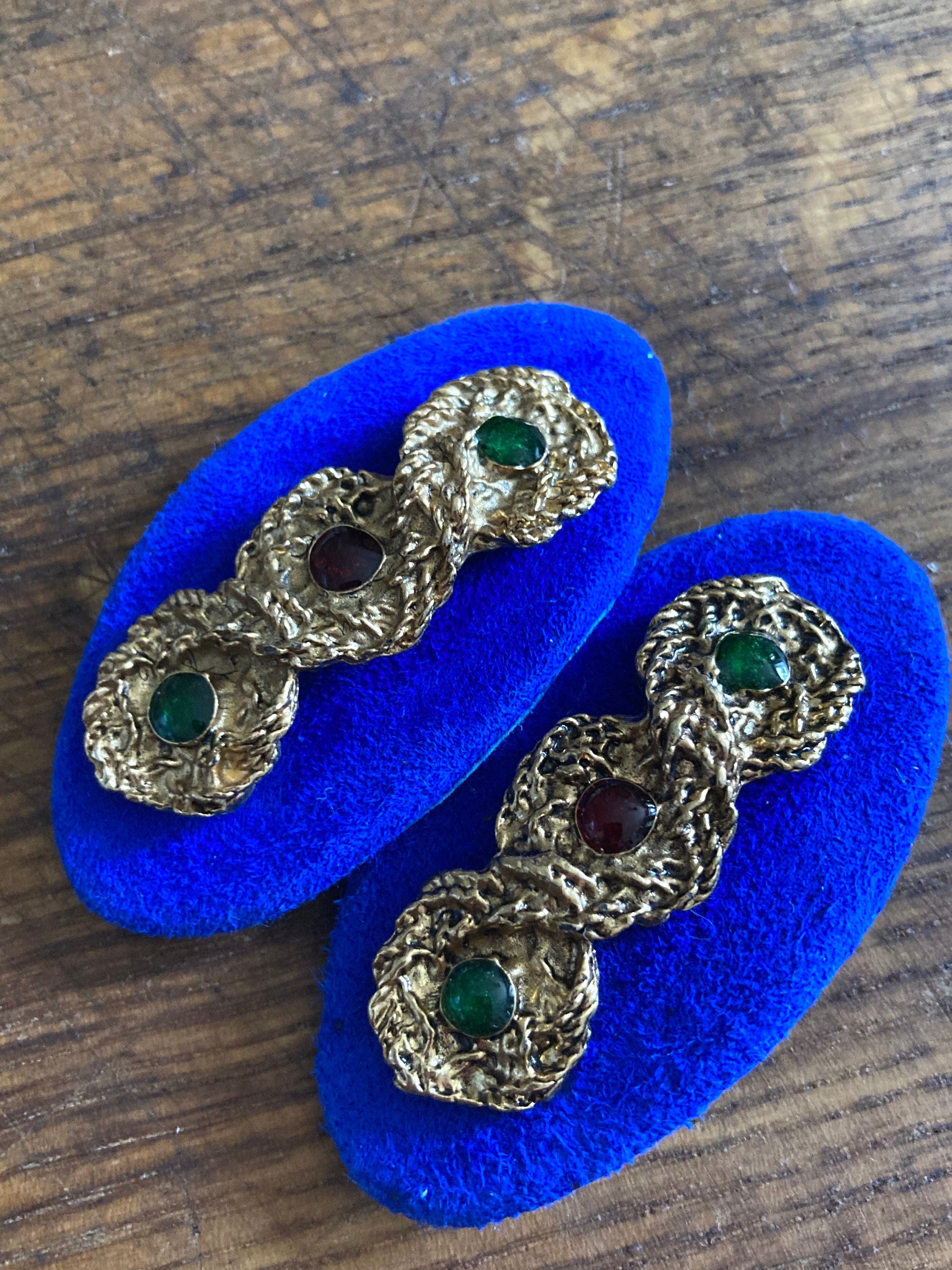 Vintage Blue Suede Shoe Clips: Beaded Gripoix Gold Braided Pair
