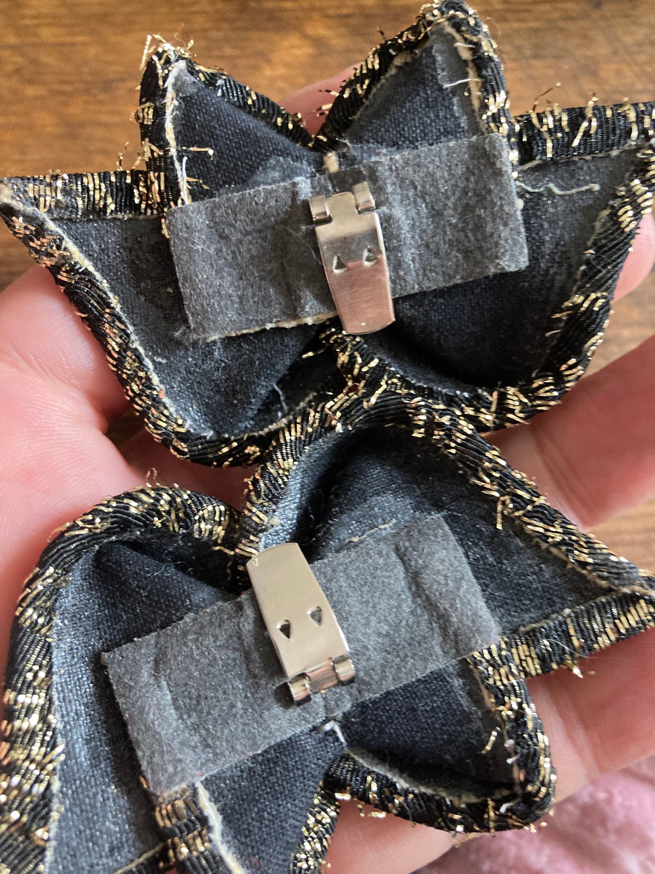 pair of Black and gold ribbon polka dot BOW shoe clips