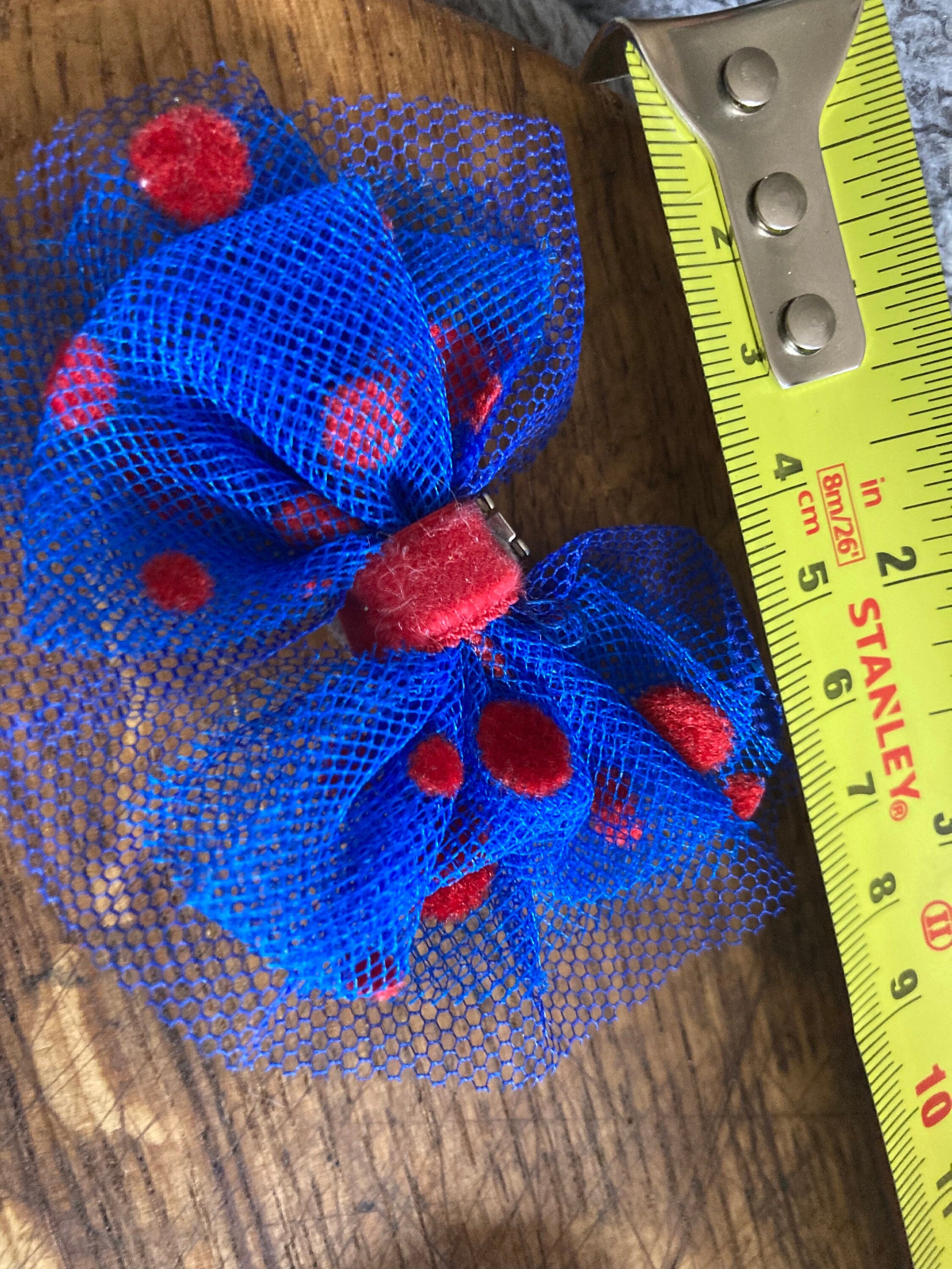 Signed Christina Eastwood Shoe Clips: Blue & Red Polka Dot Bows