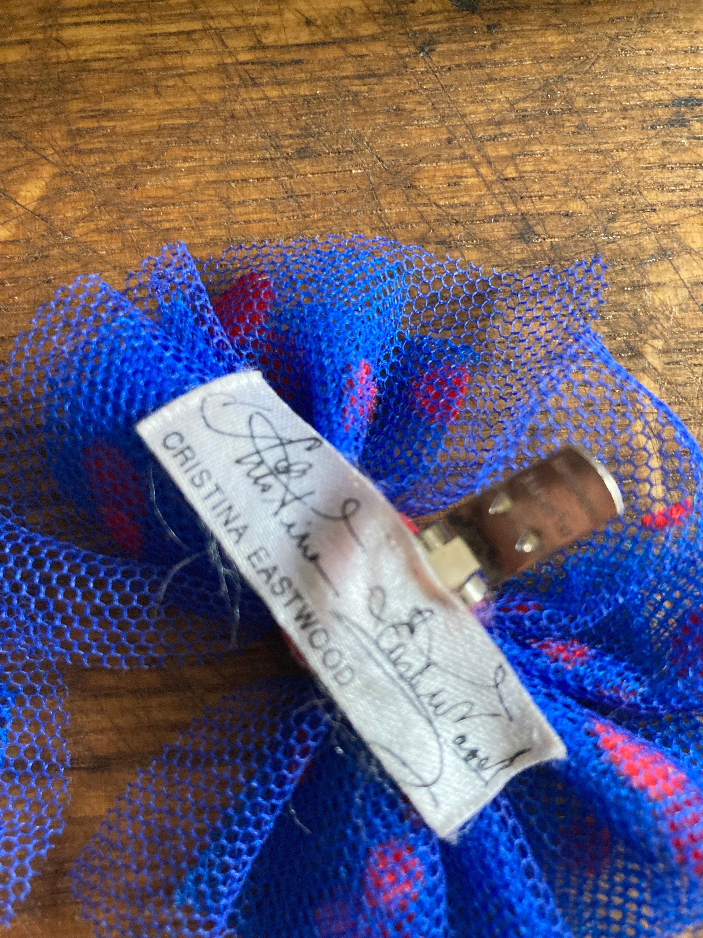 Signed Christina Eastwood Shoe Clips: Blue & Red Polka Dot Bows