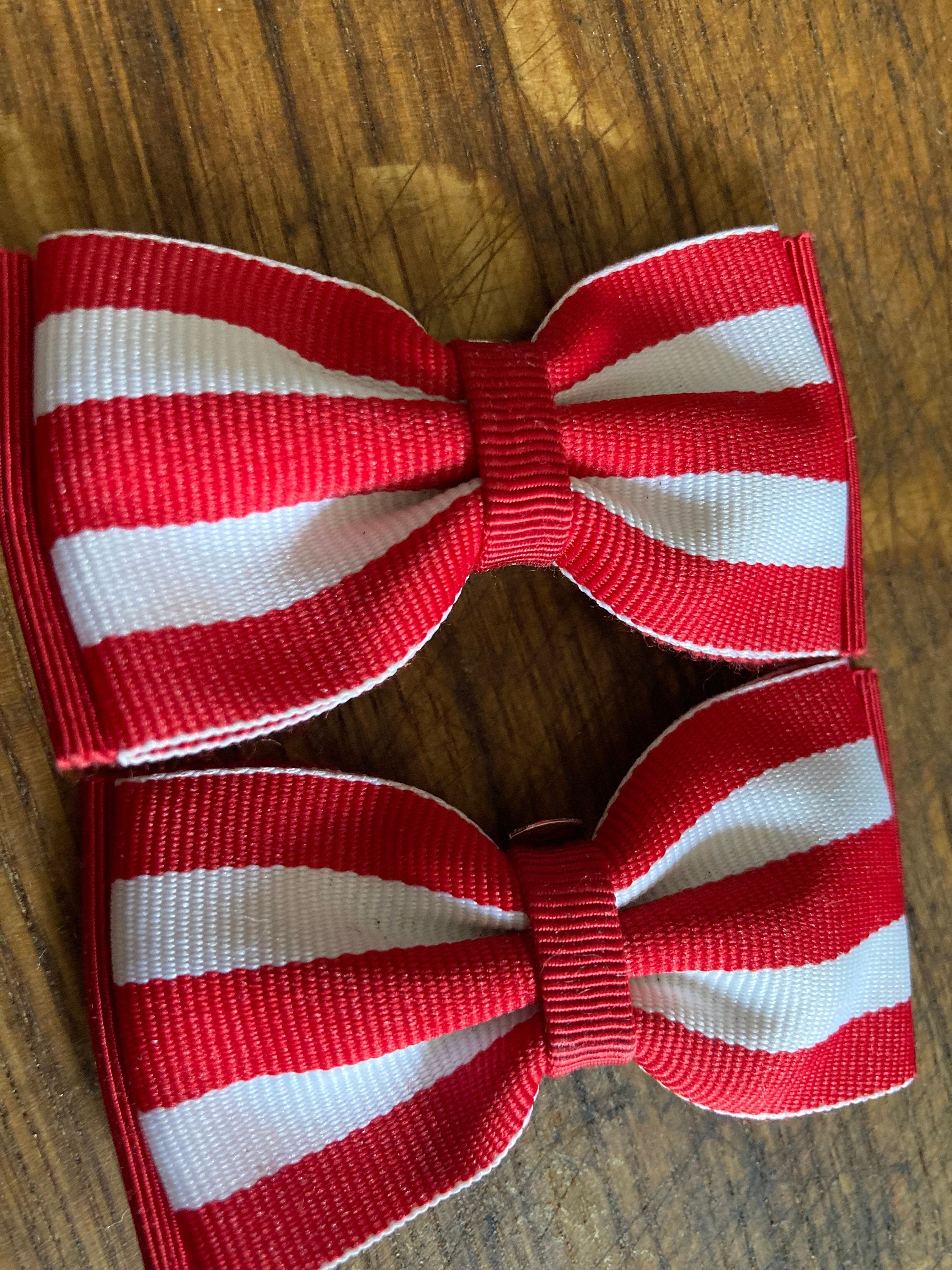 Vintage pair of bright red and white striped GROSGRAIN ribbon BOW shoe clips